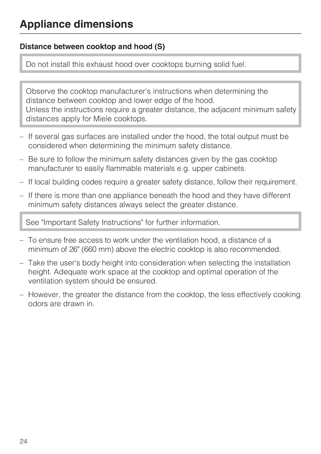 Miele 09 824 260 installation instructions Distance between cooktop and hood S 