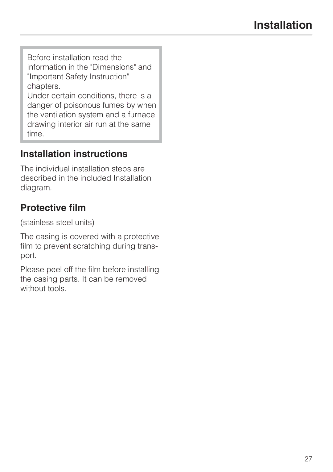 Miele 09 824 260 installation instructions Installation instructions, Protective film 