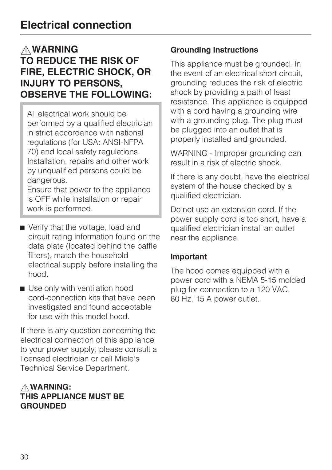 Miele 09 824 260 installation instructions Electrical connection, Grounding Instructions 