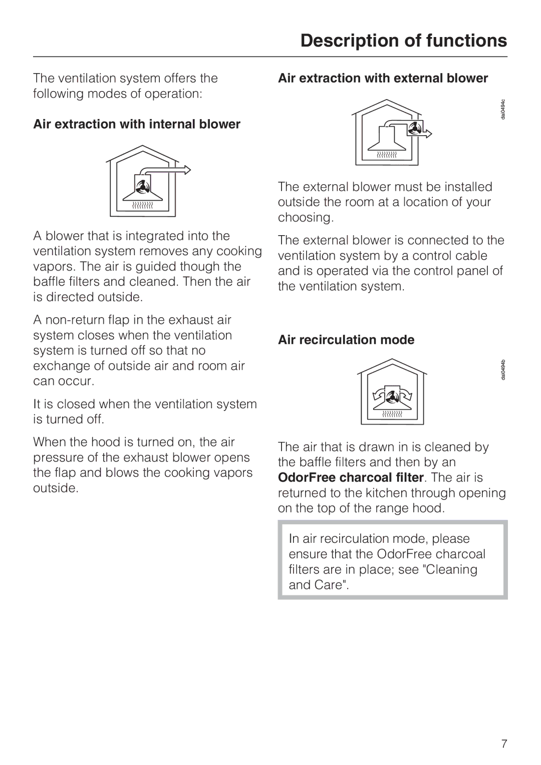 Miele 09 824 260 Description of functions, Air extraction with internal blower, Air extraction with external blower 