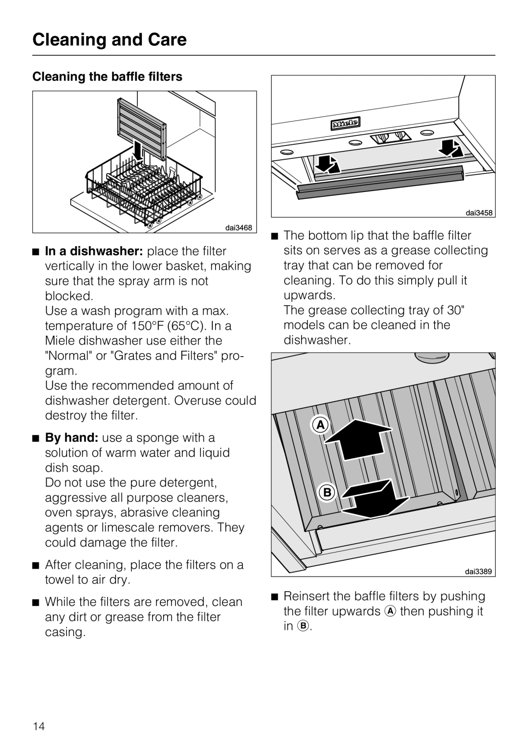 Miele 09 824 260 installation instructions Cleaning and Care, Cleaning the baffle filters 