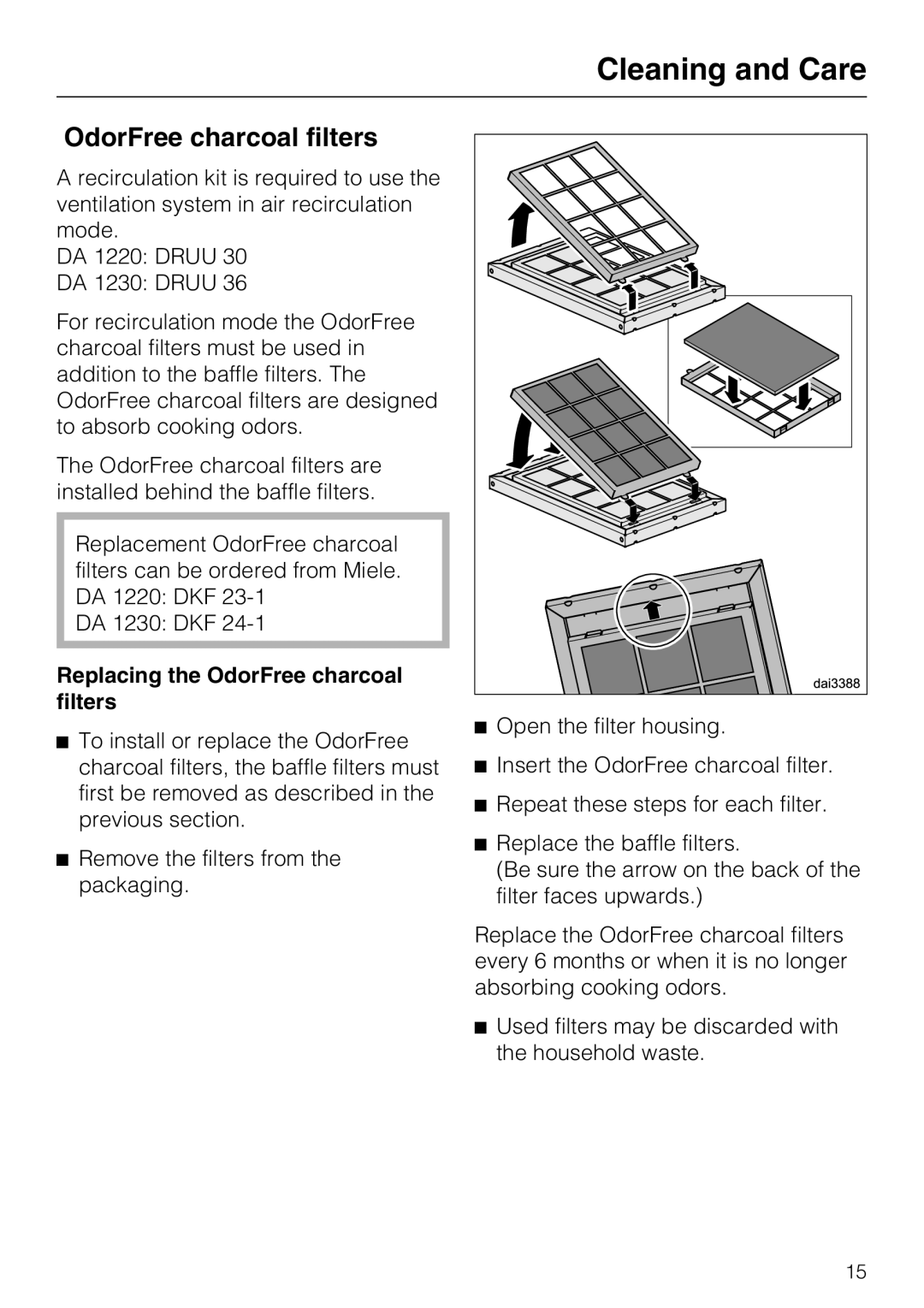 Miele 09 824 260 installation instructions Cleaning and Care, Replacing the OdorFree charcoal filters 