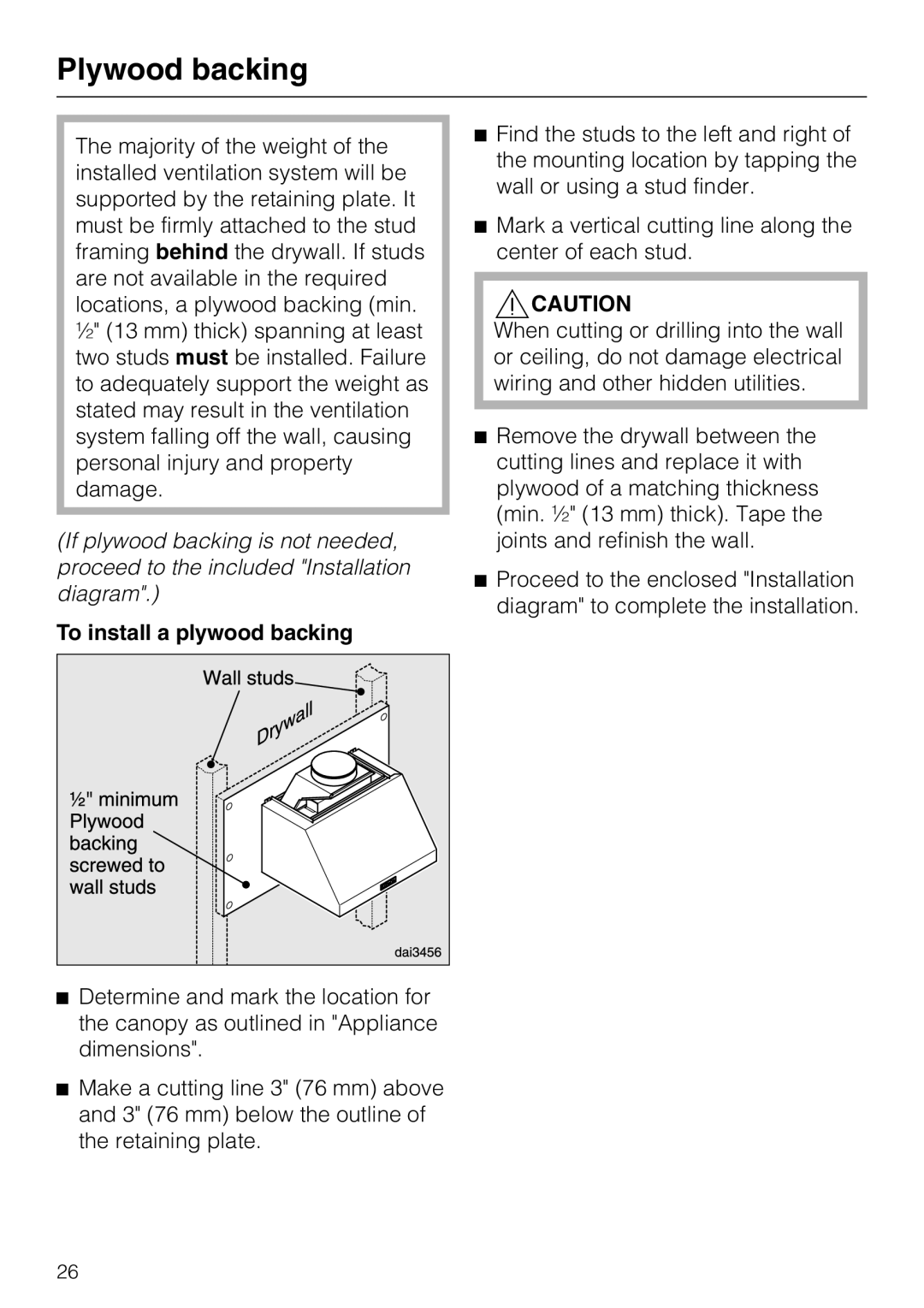 Miele 09 824 260 installation instructions Plywood backing, To install a plywood backing 
