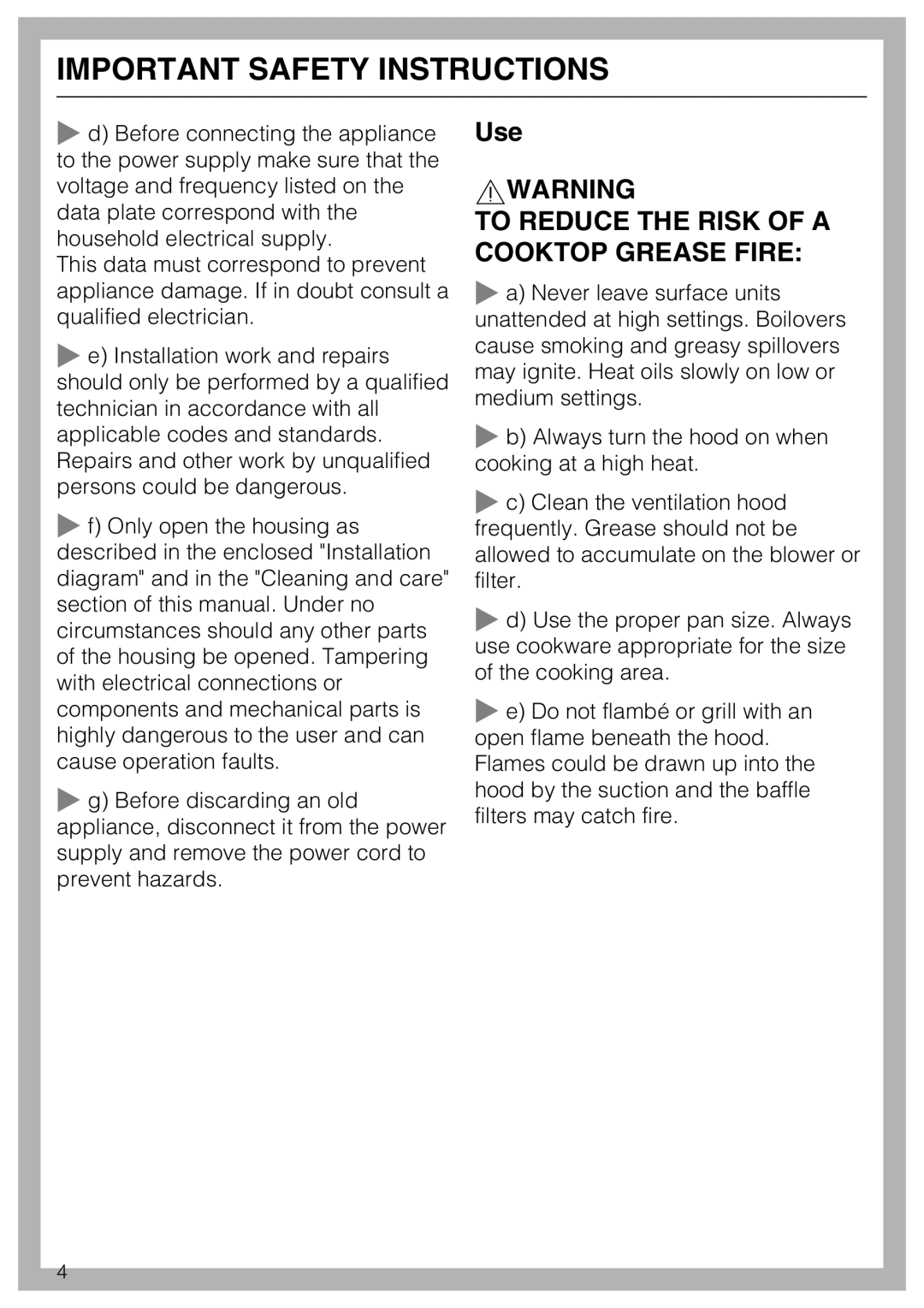 Miele 09 824 260 installation instructions To Reduce The Risk Of A Cooktop Grease Fire, Important Safety Instructions 