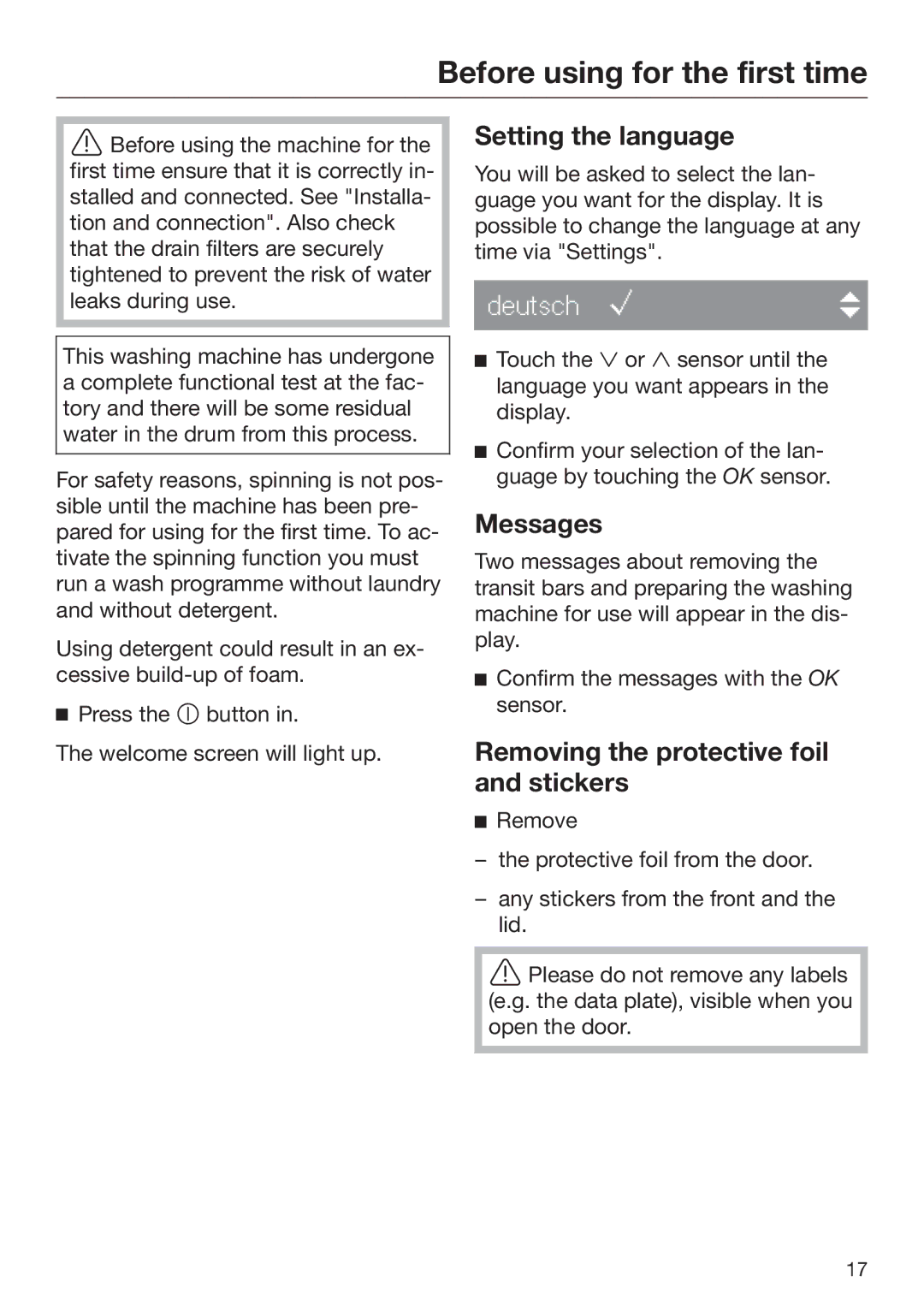 Miele 09 844 920 operating instructions Before using for the first time, Setting the language, Messages 