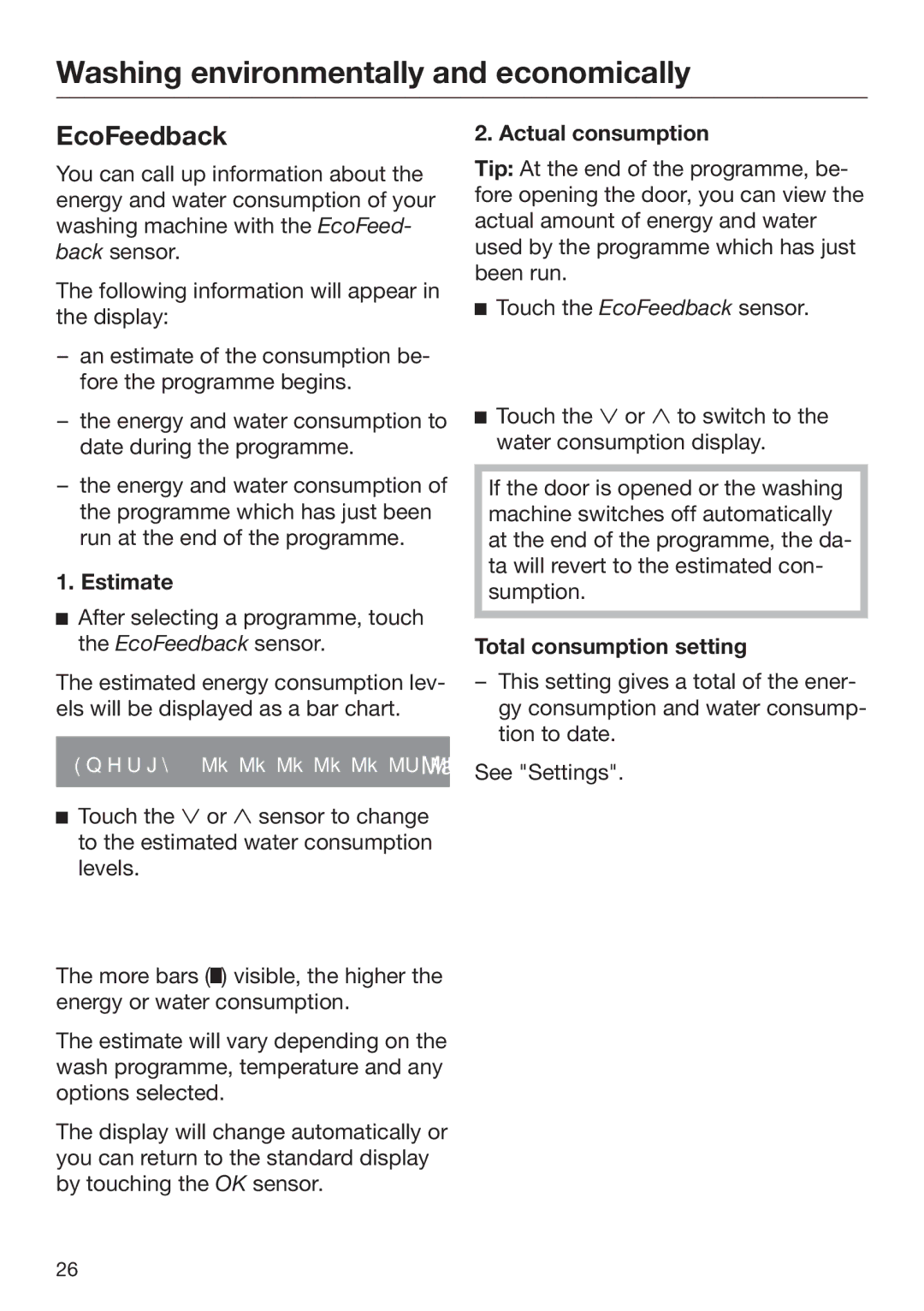 Miele 09 844 920 operating instructions EcoFeedback, Estimate, Actual consumption, Total consumption setting 