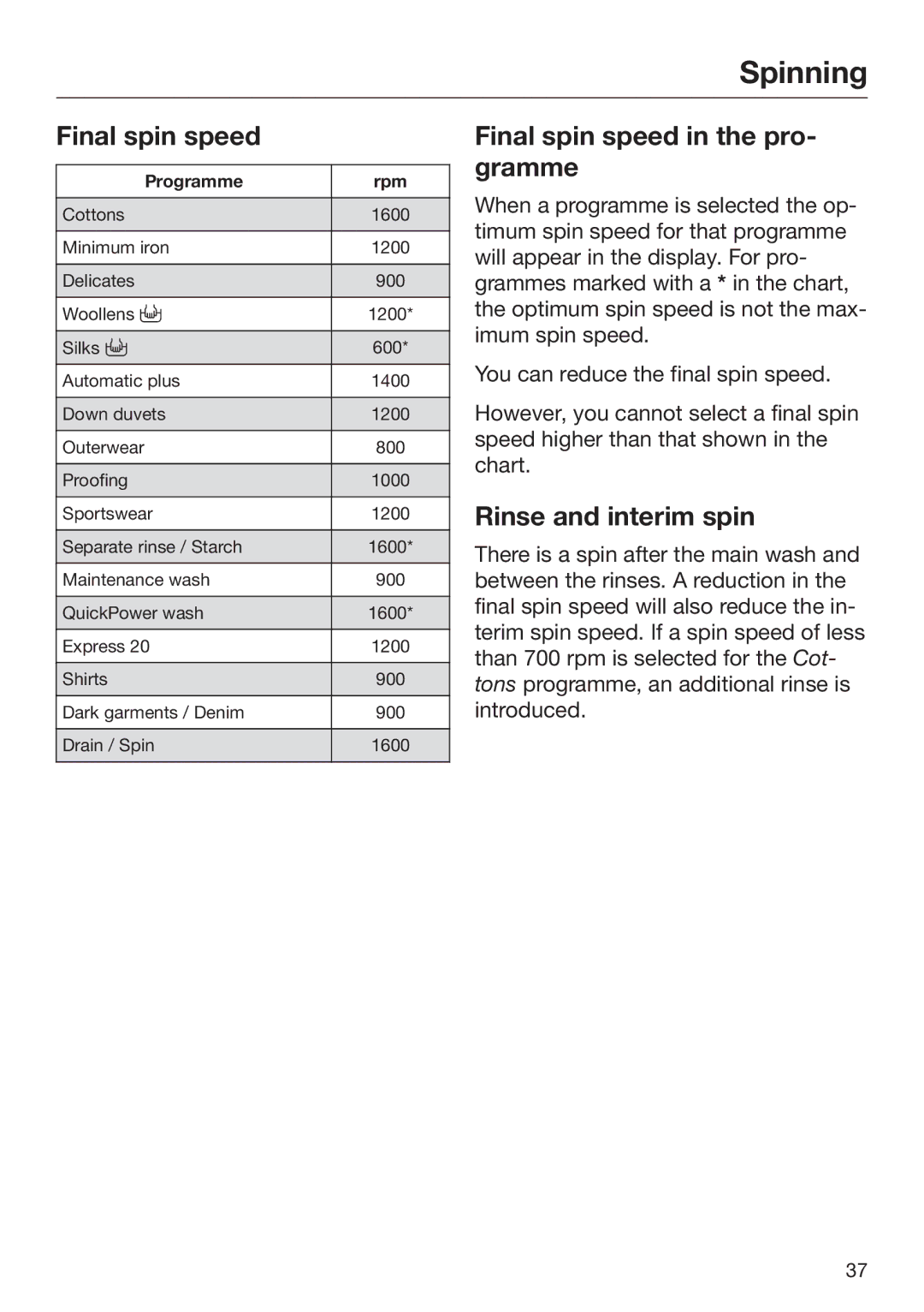 Miele 09 844 920 operating instructions Spinning, Final spin speed in the pro‐ gramme, Rinse and interim spin 