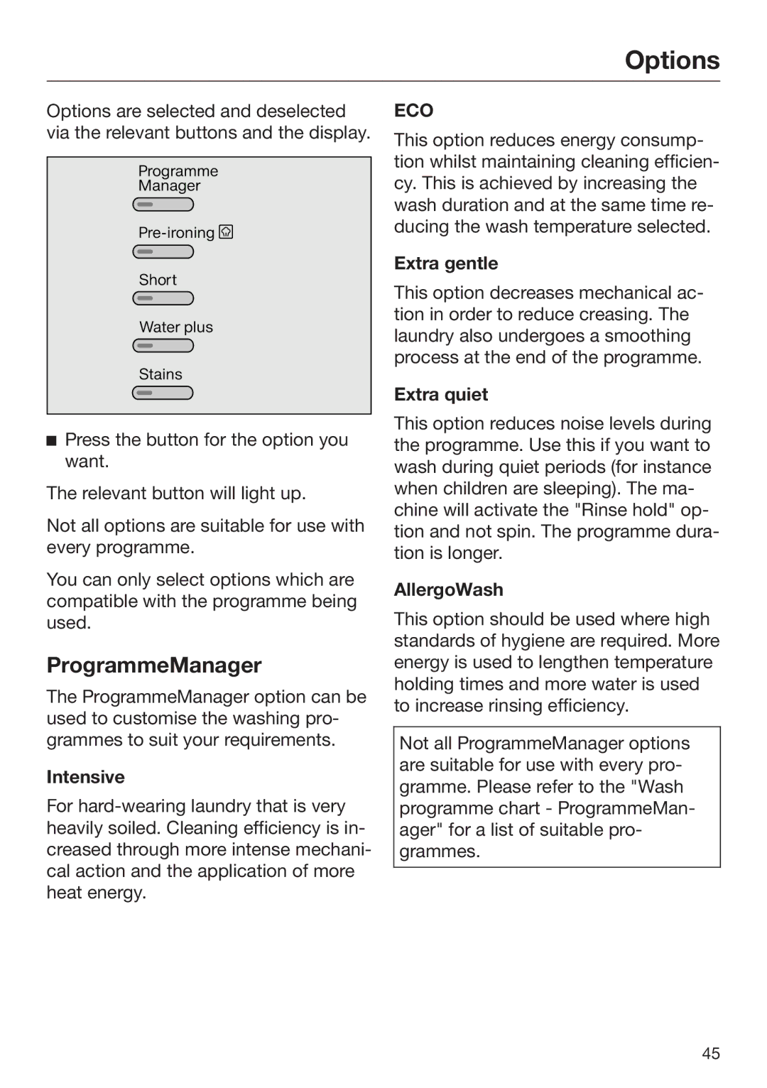 Miele 09 844 920 operating instructions Options, ProgrammeManager 