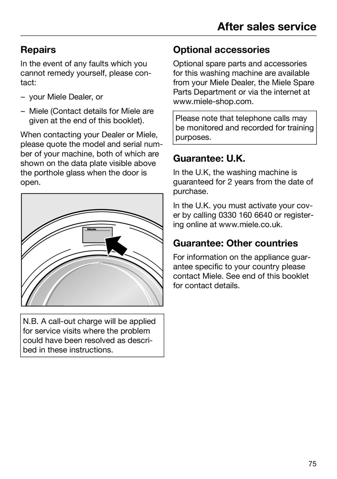 Miele 09 844 920 After sales service, Repairs, Optional accessories, Guarantee U.K, Guarantee Other countries 