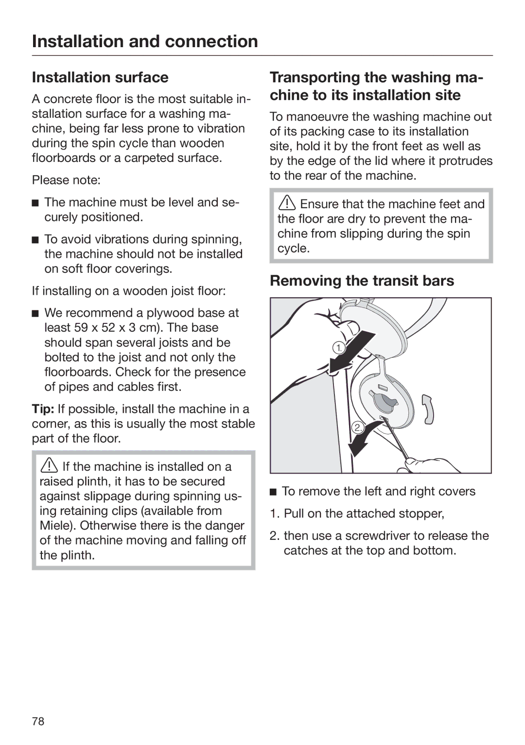 Miele 09 844 920 operating instructions Installation surface, Removing the transit bars 