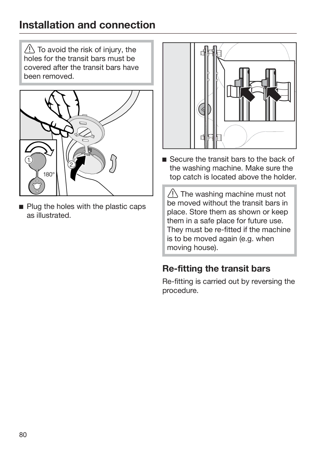 Miele 09 844 920 operating instructions Re-fitting the transit bars 