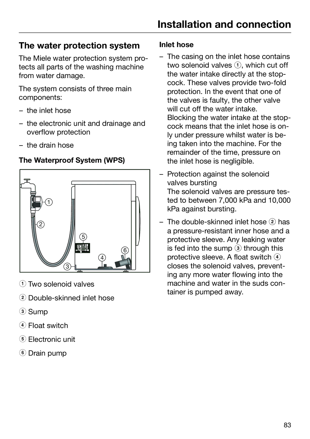 Miele 09 844 920 operating instructions Water protection system, Waterproof System WPS, Inlet hose 