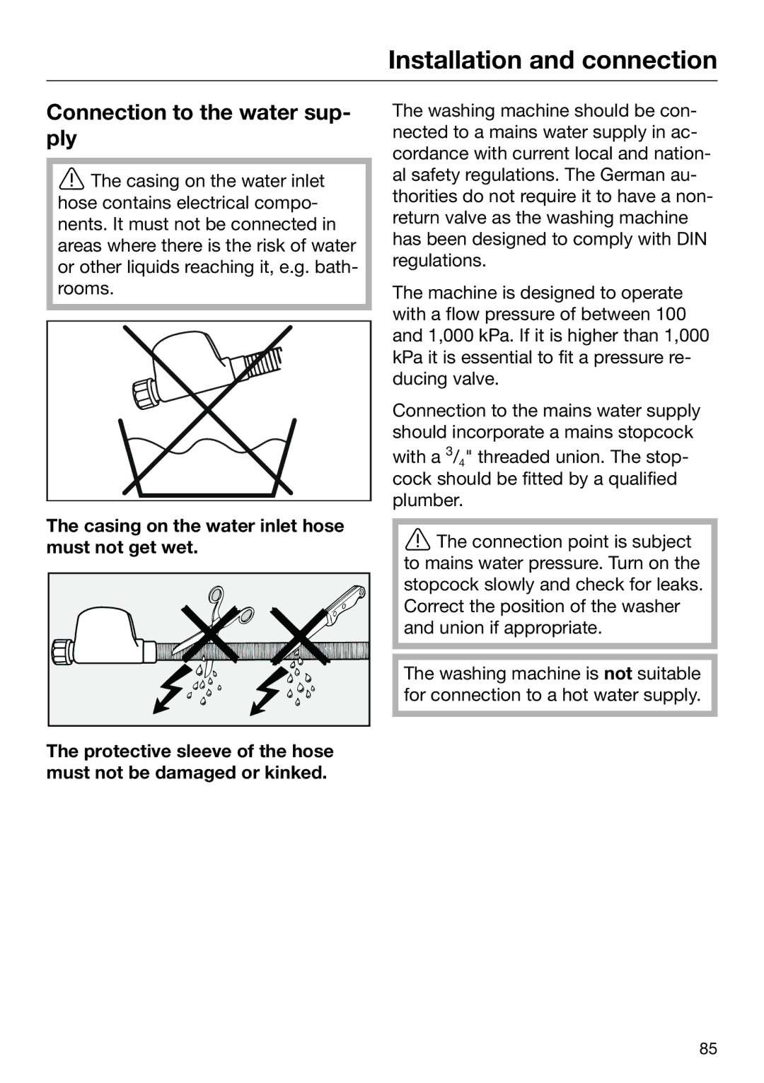 Miele 09 844 920 operating instructions Connection to the water sup‐ ply 