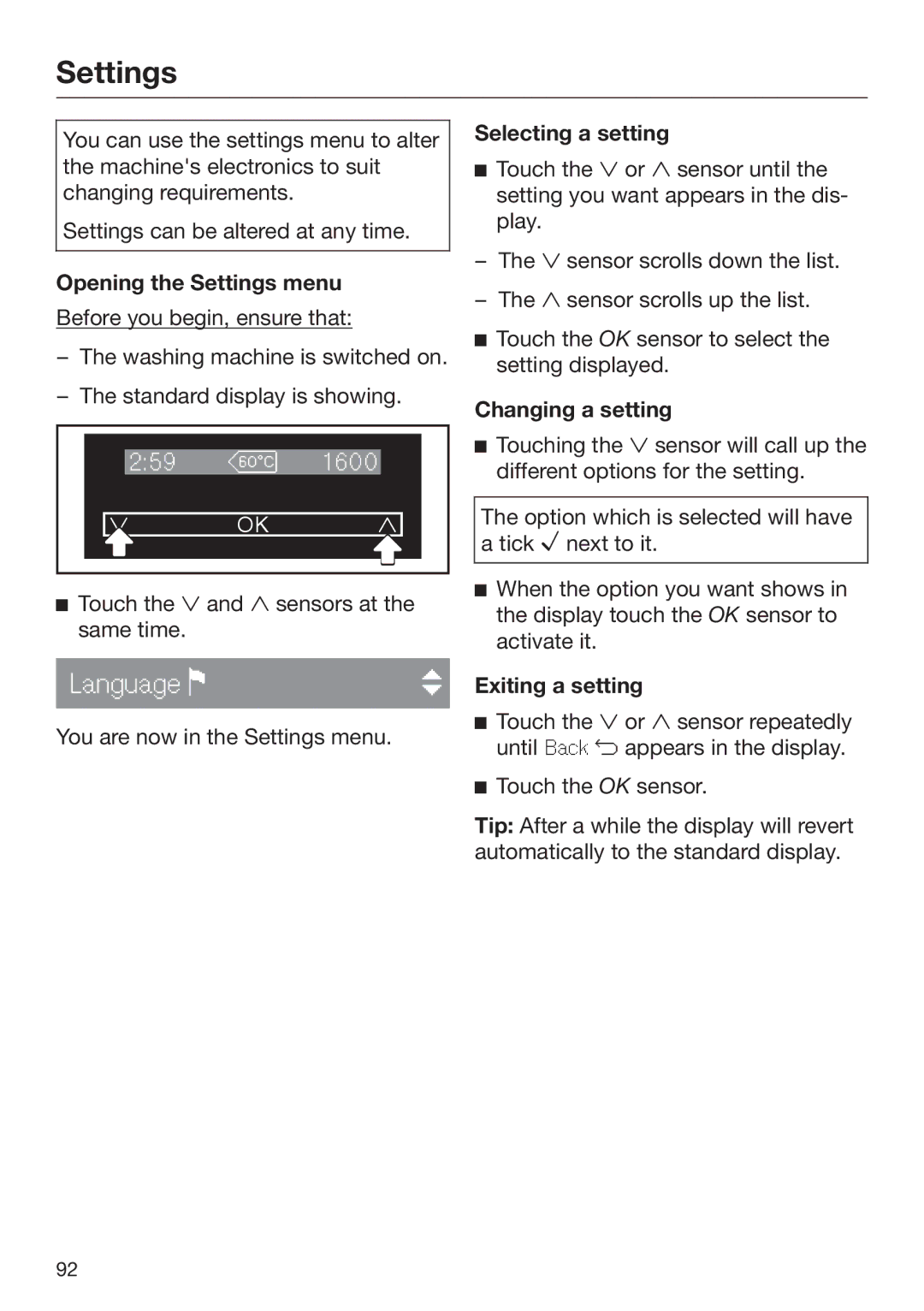 Miele 09 844 920 Opening the Settings menu, Selecting a setting, Changing a setting, Exiting a setting 