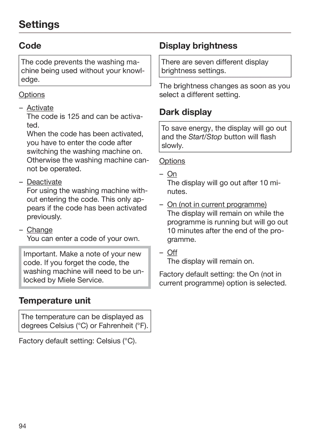 Miele 09 844 920 operating instructions Code, Temperature unit, Display brightness, Dark display 