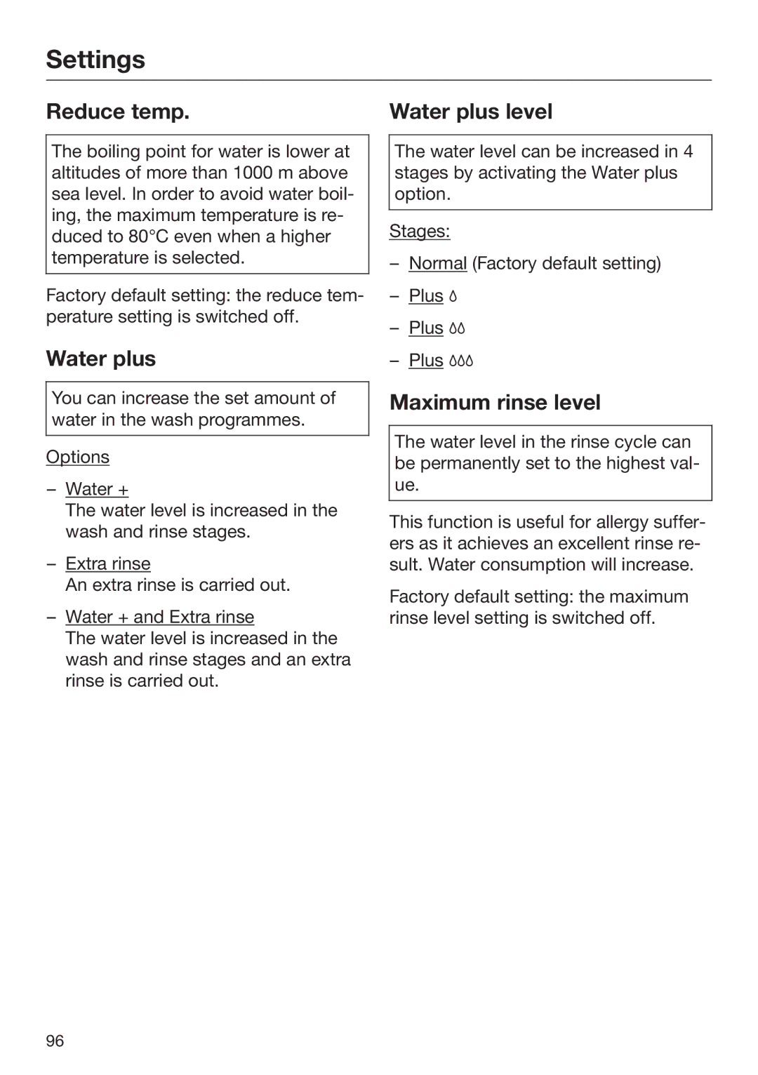 Miele 09 844 920 operating instructions Reduce temp, Water plus level, Maximum rinse level 