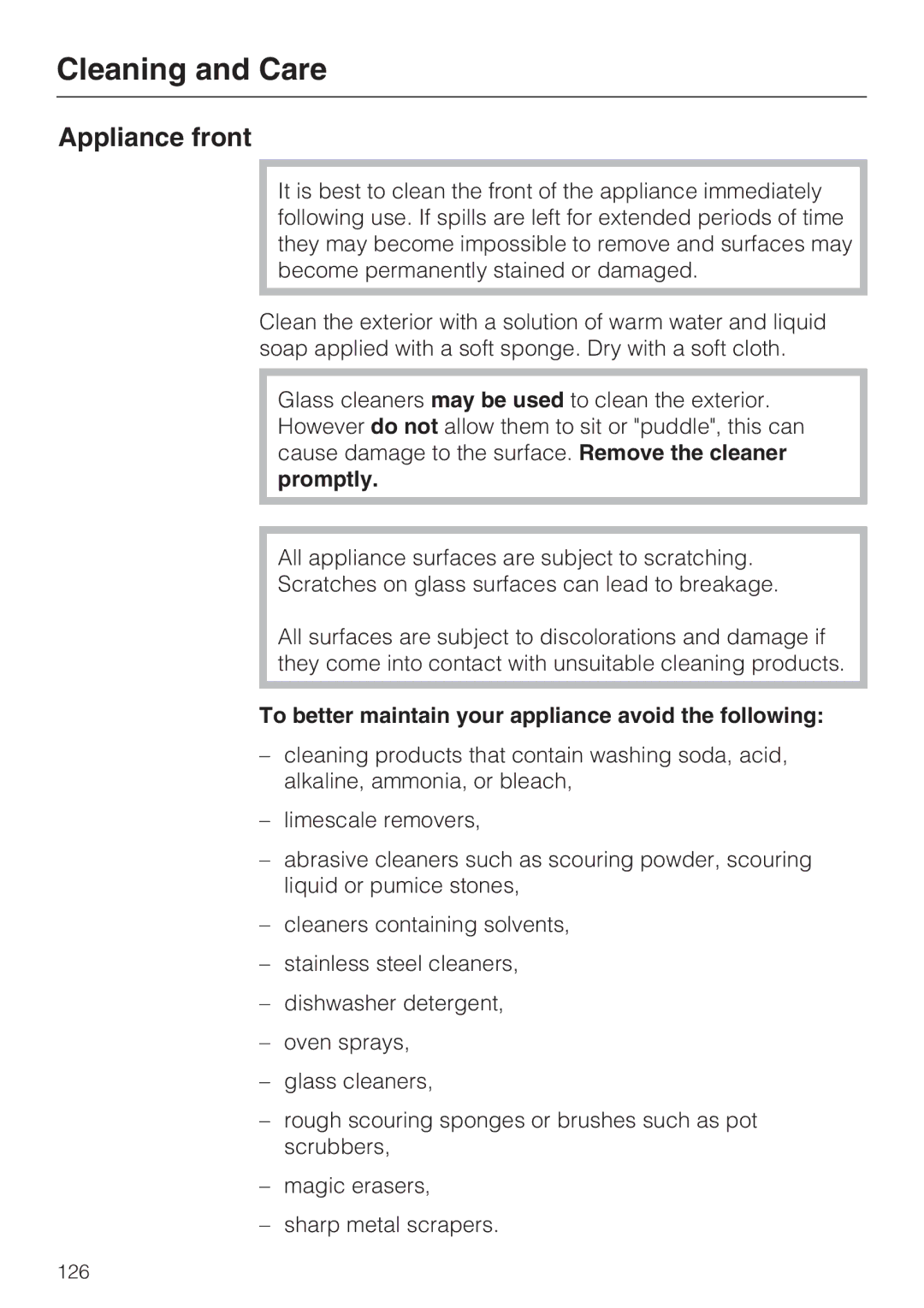 Miele 09 855 050 installation instructions Appliance front, To better maintain your appliance avoid the following 