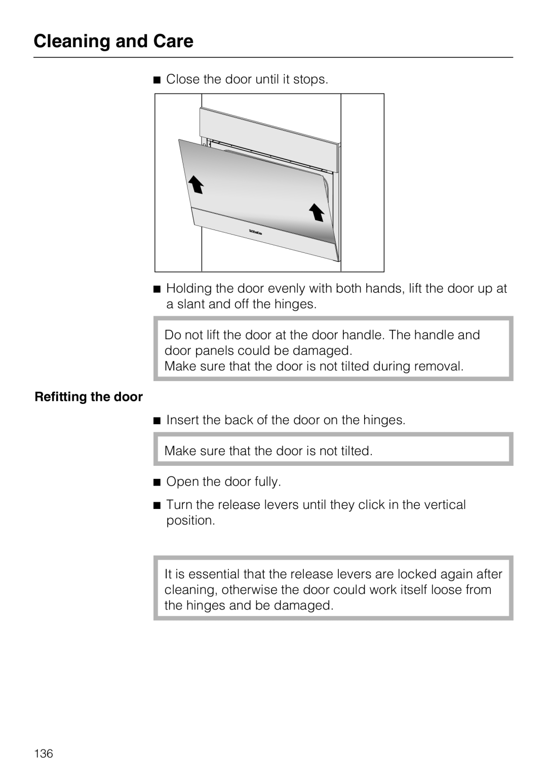 Miele 09 855 050 installation instructions Refitting the door 