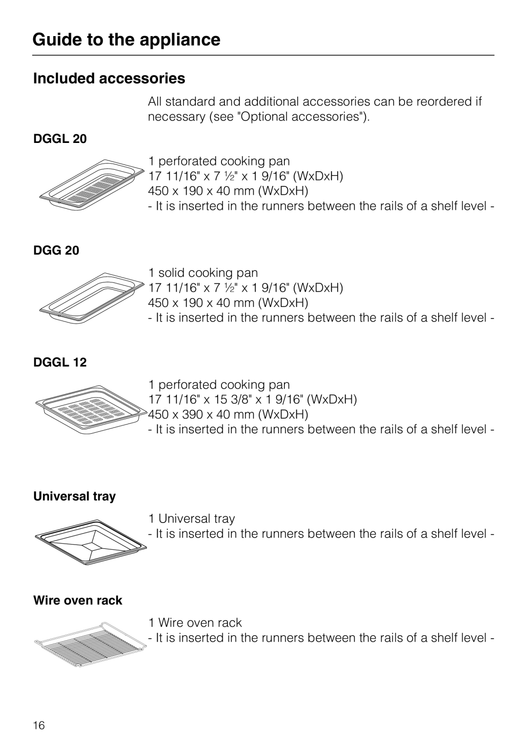 Miele 09 855 050 installation instructions Included accessories, Dgg, Universal tray, Wire oven rack 