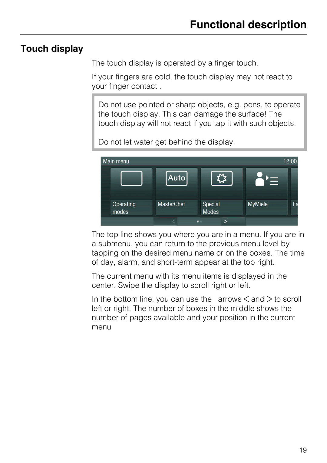 Miele 09 855 050 installation instructions Touch display 