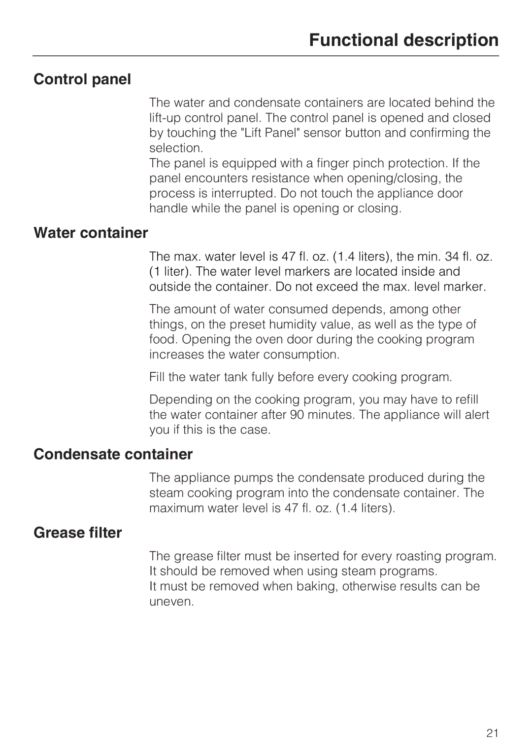 Miele 09 855 050 installation instructions Control panel, Water container, Condensate container, Grease filter 