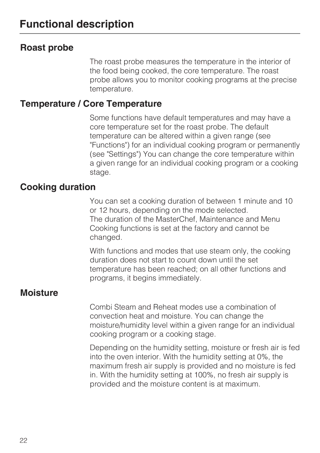 Miele 09 855 050 installation instructions Roast probe, Temperature / Core Temperature, Cooking duration, Moisture 