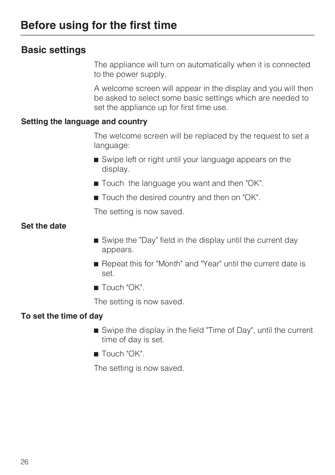 Miele 09 855 050 Before using for the first time, Basic settings, Setting the language and country, Set the date 