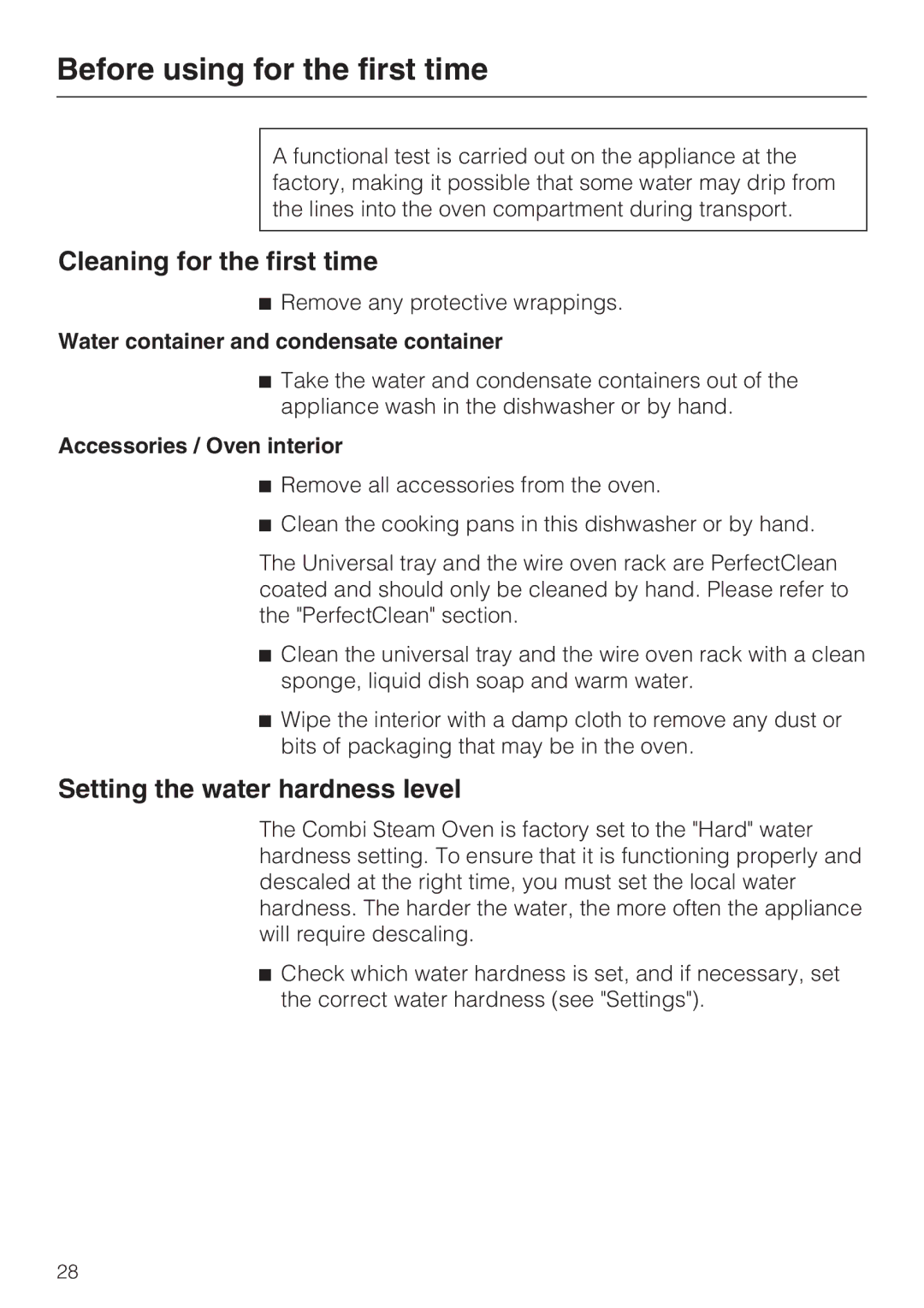 Miele 09 855 050 Cleaning for the first time, Setting the water hardness level, Water container and condensate container 