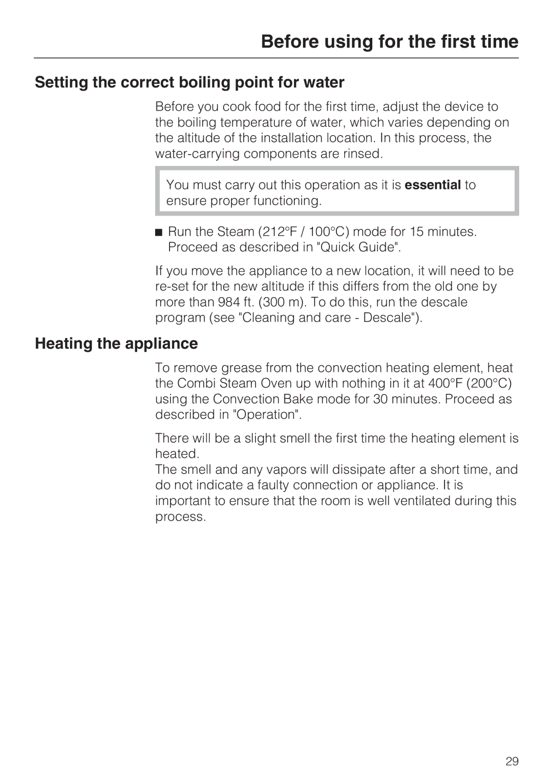 Miele 09 855 050 installation instructions Setting the correct boiling point for water, Heating the appliance 