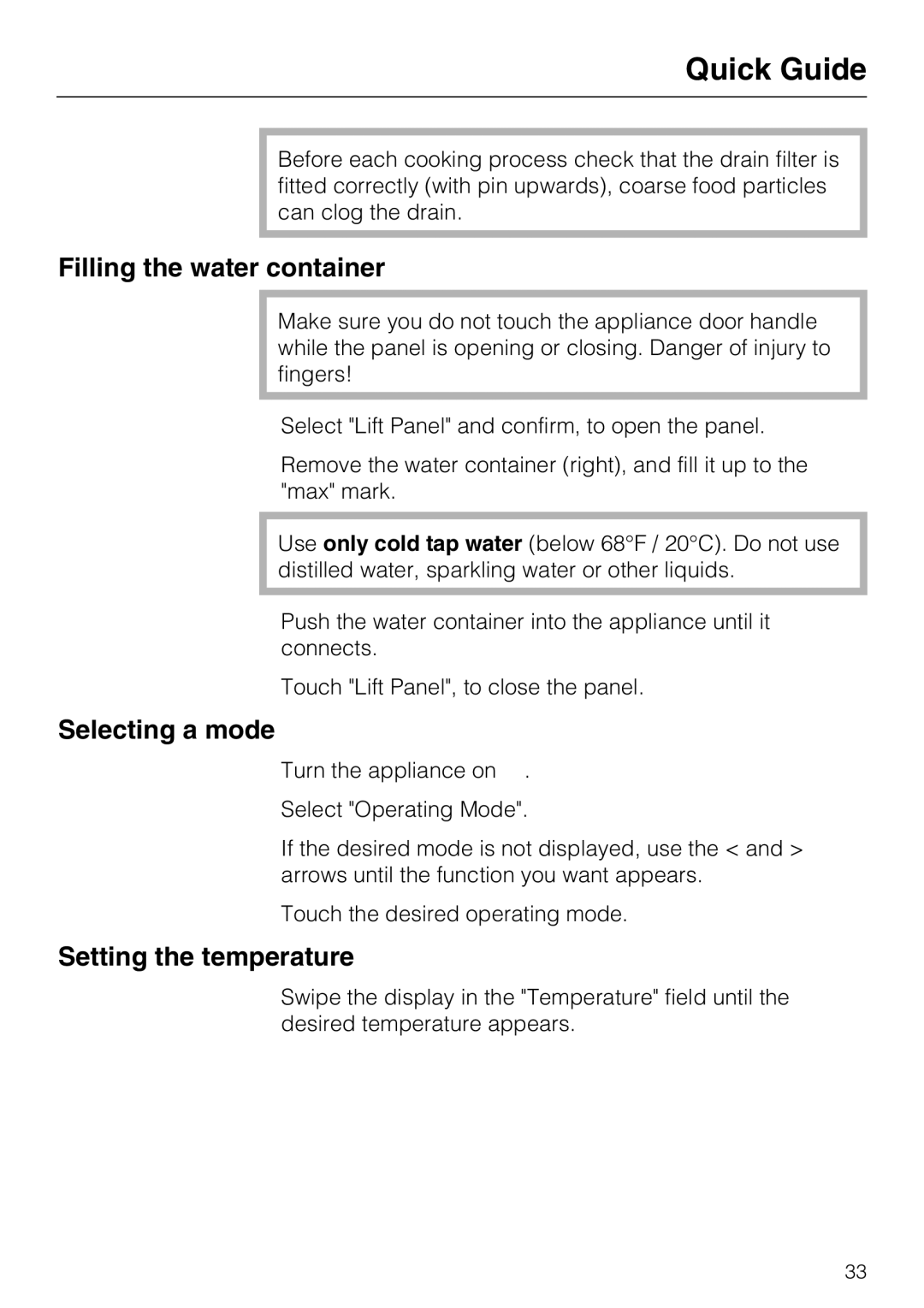 Miele 09 855 050 Quick Guide, Filling the water container, Selecting a mode, Setting the temperature 