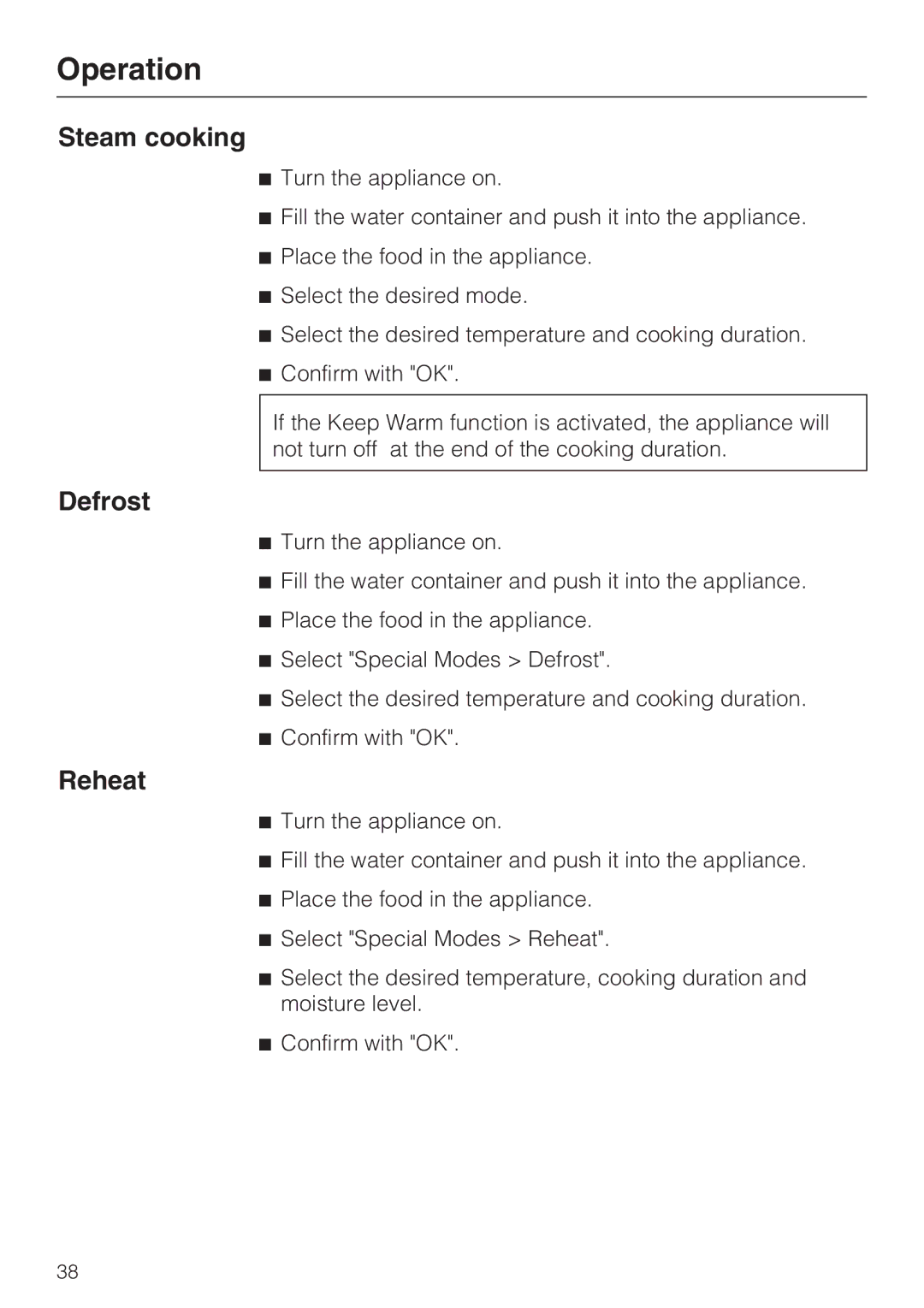 Miele 09 855 050 installation instructions Steam cooking, Defrost, Reheat 