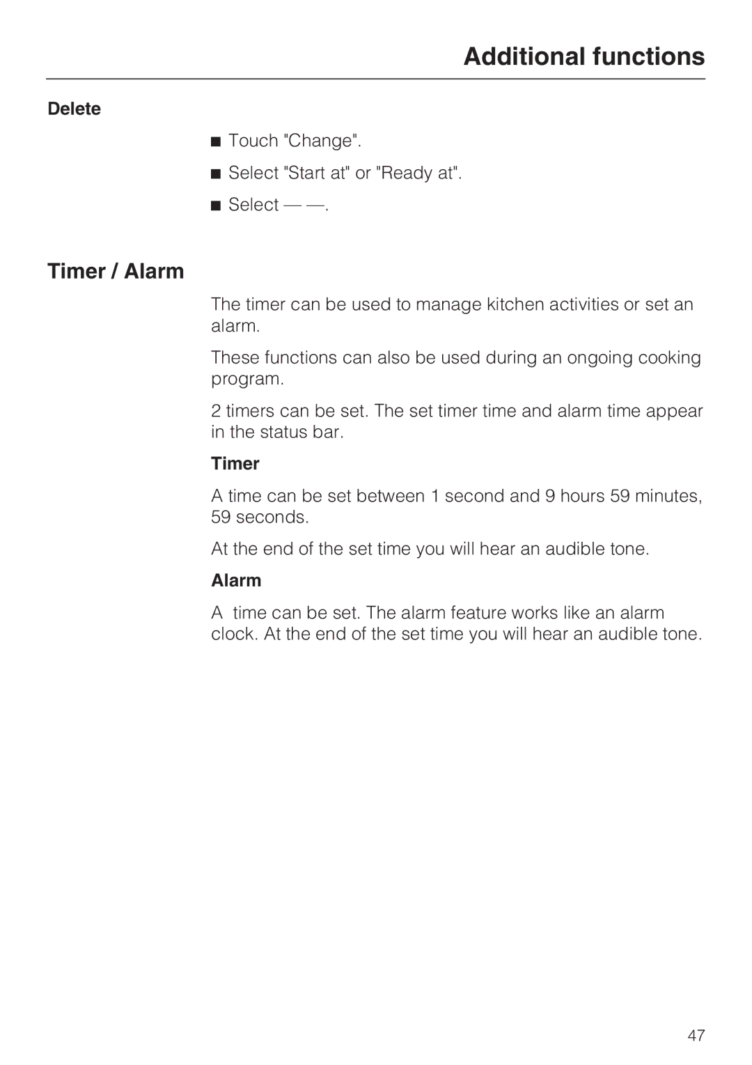 Miele 09 855 050 installation instructions Timer / Alarm, Delete 