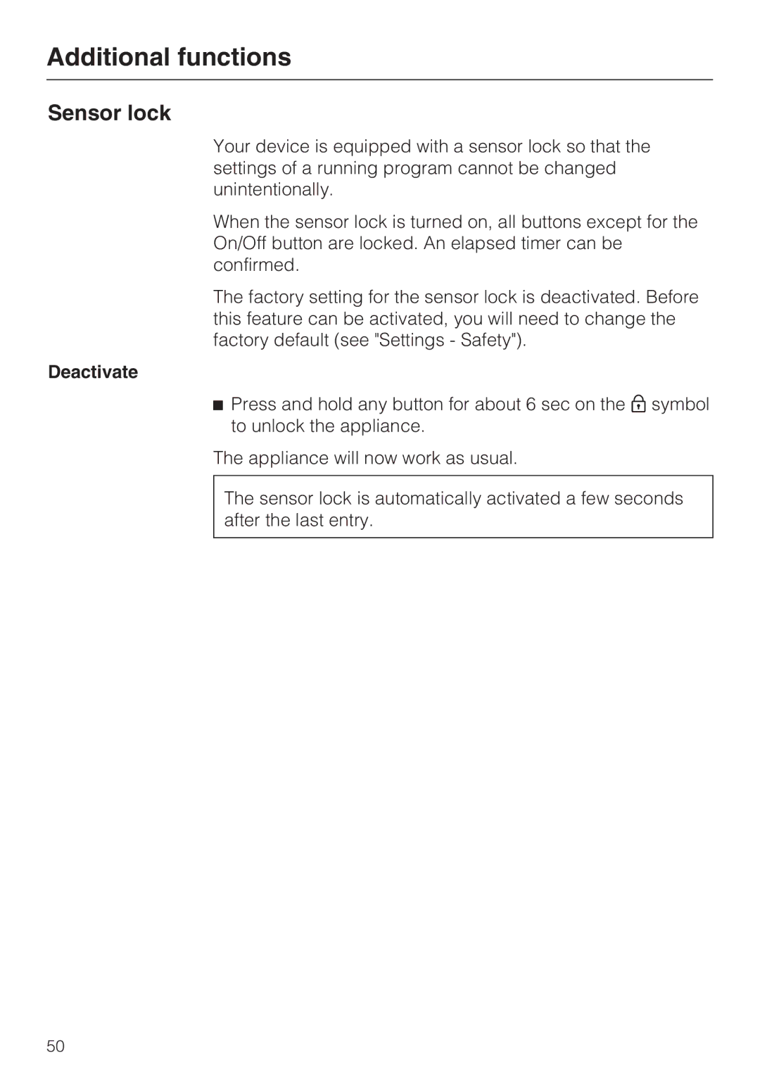 Miele 09 855 050 installation instructions Sensor lock 