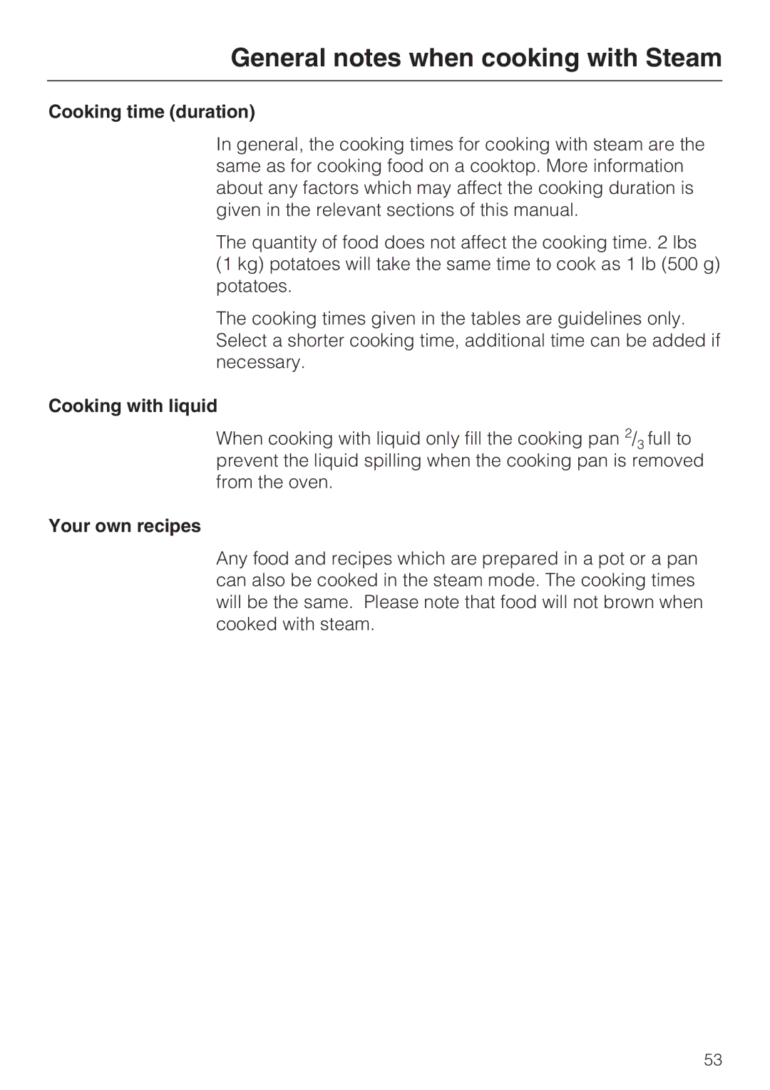 Miele 09 855 050 installation instructions Cooking time duration, Cooking with liquid, Your own recipes 