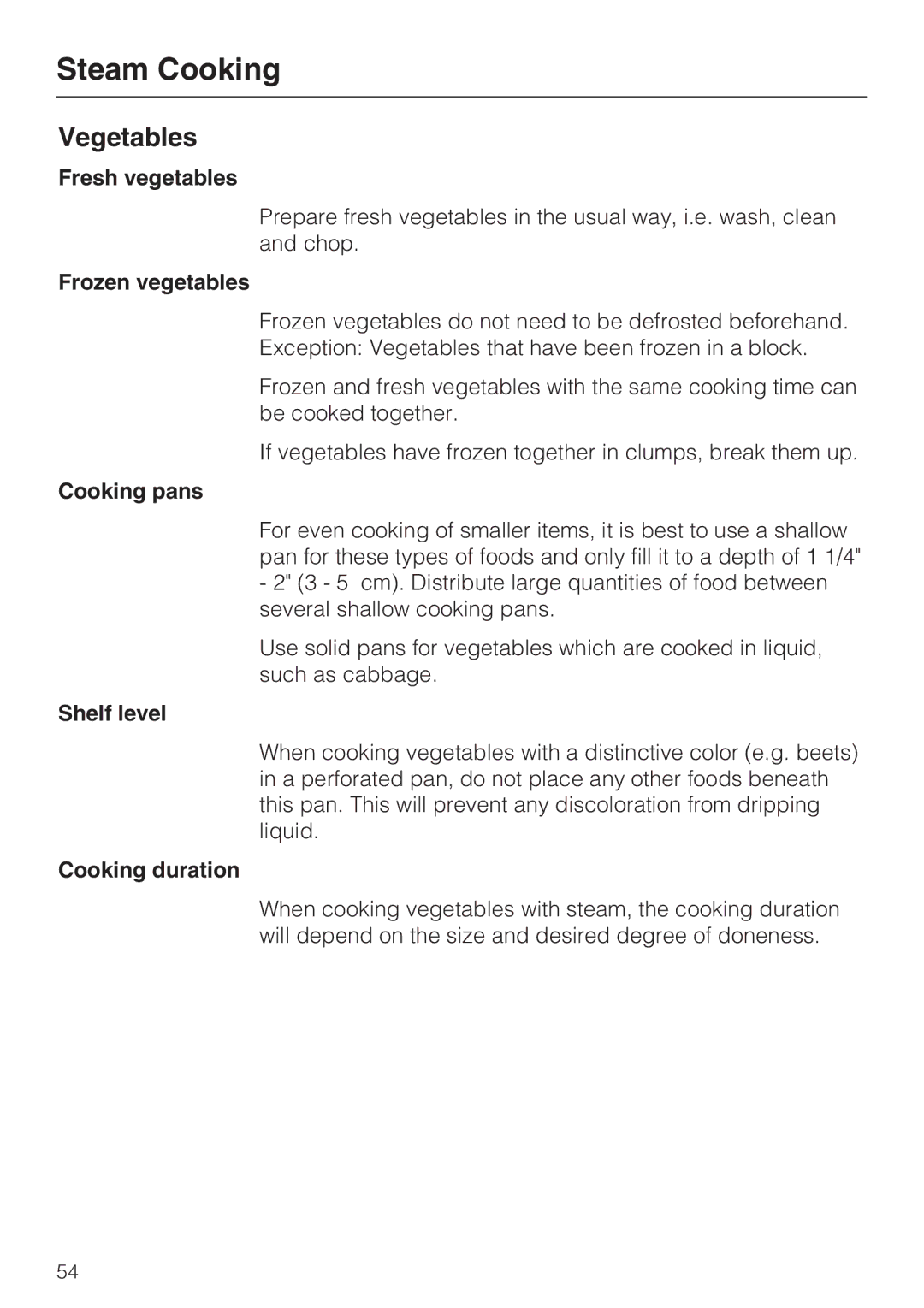 Miele 09 855 050 installation instructions Steam Cooking, Vegetables, Fresh vegetables, Frozen vegetables, Cooking duration 