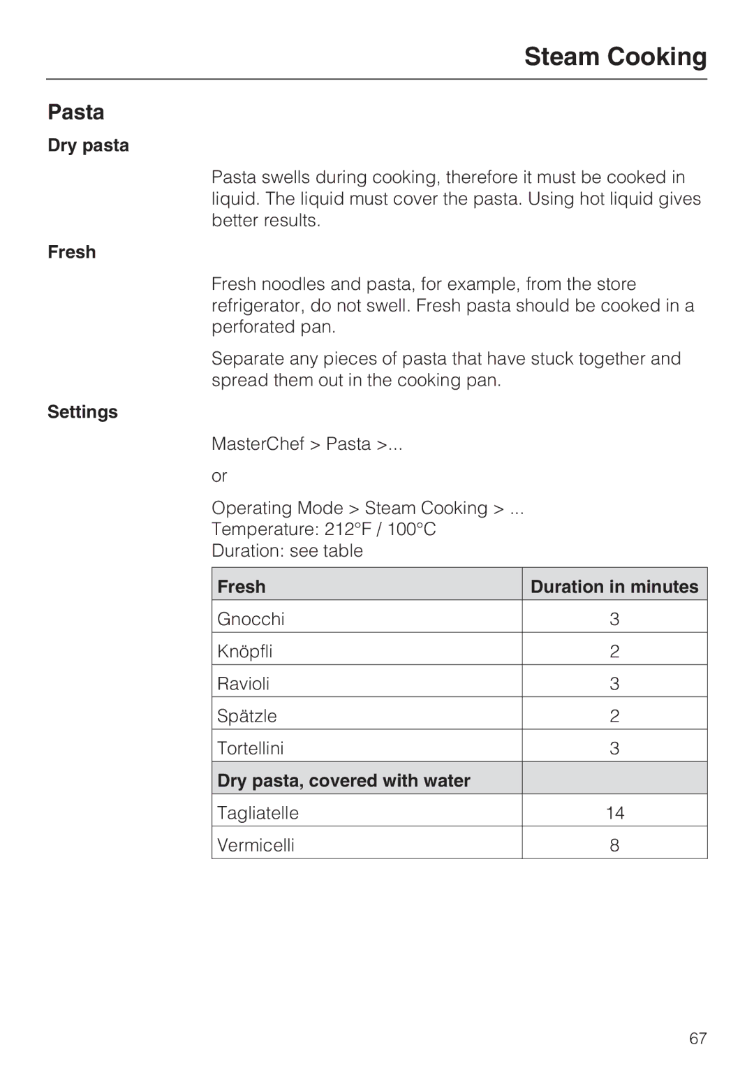 Miele 09 855 050 installation instructions Pasta, Fresh Duration in minutes, Dry pasta, covered with water 