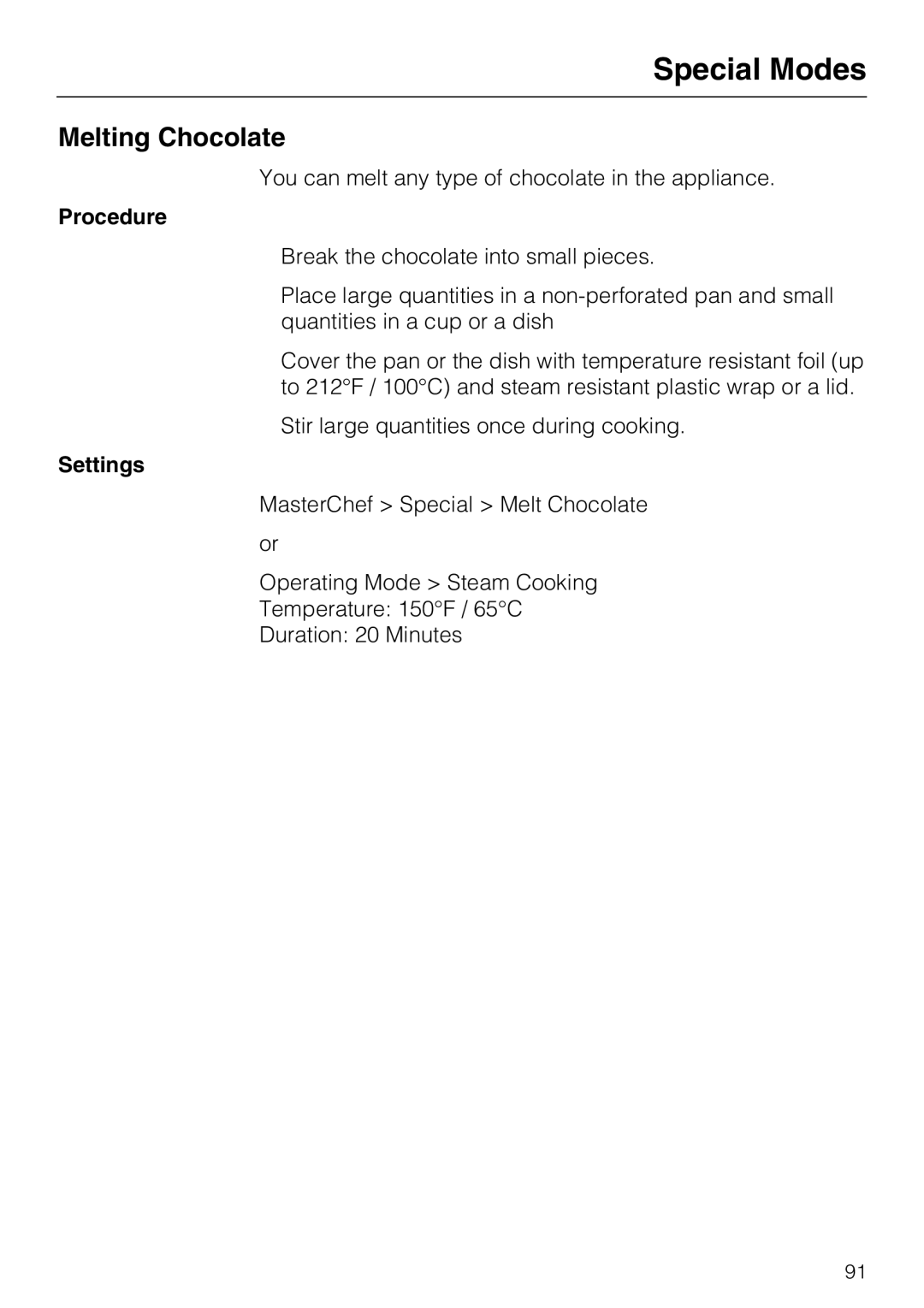 Miele 09 855 050 installation instructions Melting Chocolate 