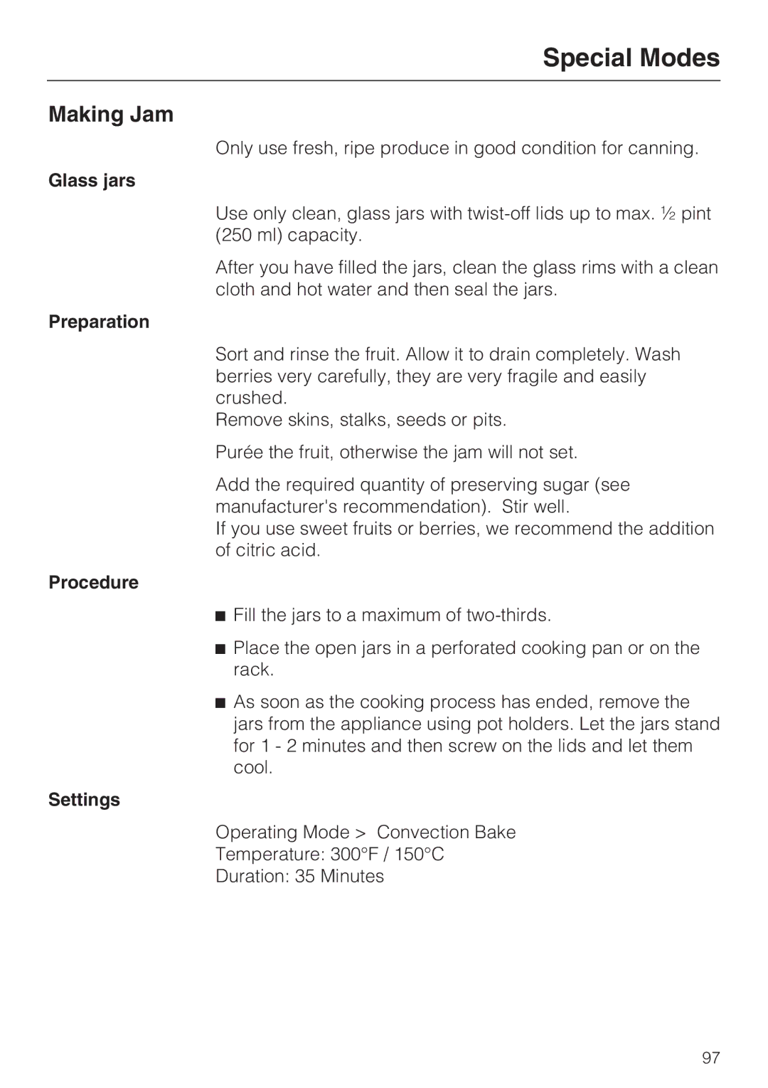 Miele 09 855 050 installation instructions Making Jam, Glass jars 