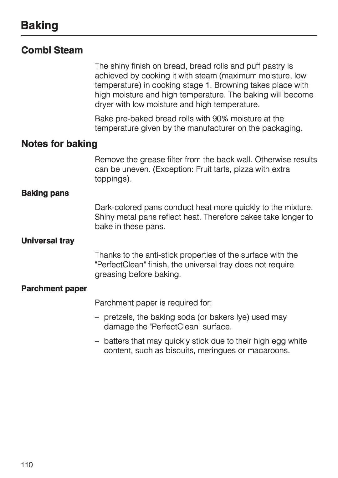 Miele 09 855 050 installation instructions Notes for baking, Combi Steam, Baking pans, Universal tray, Parchment paper 