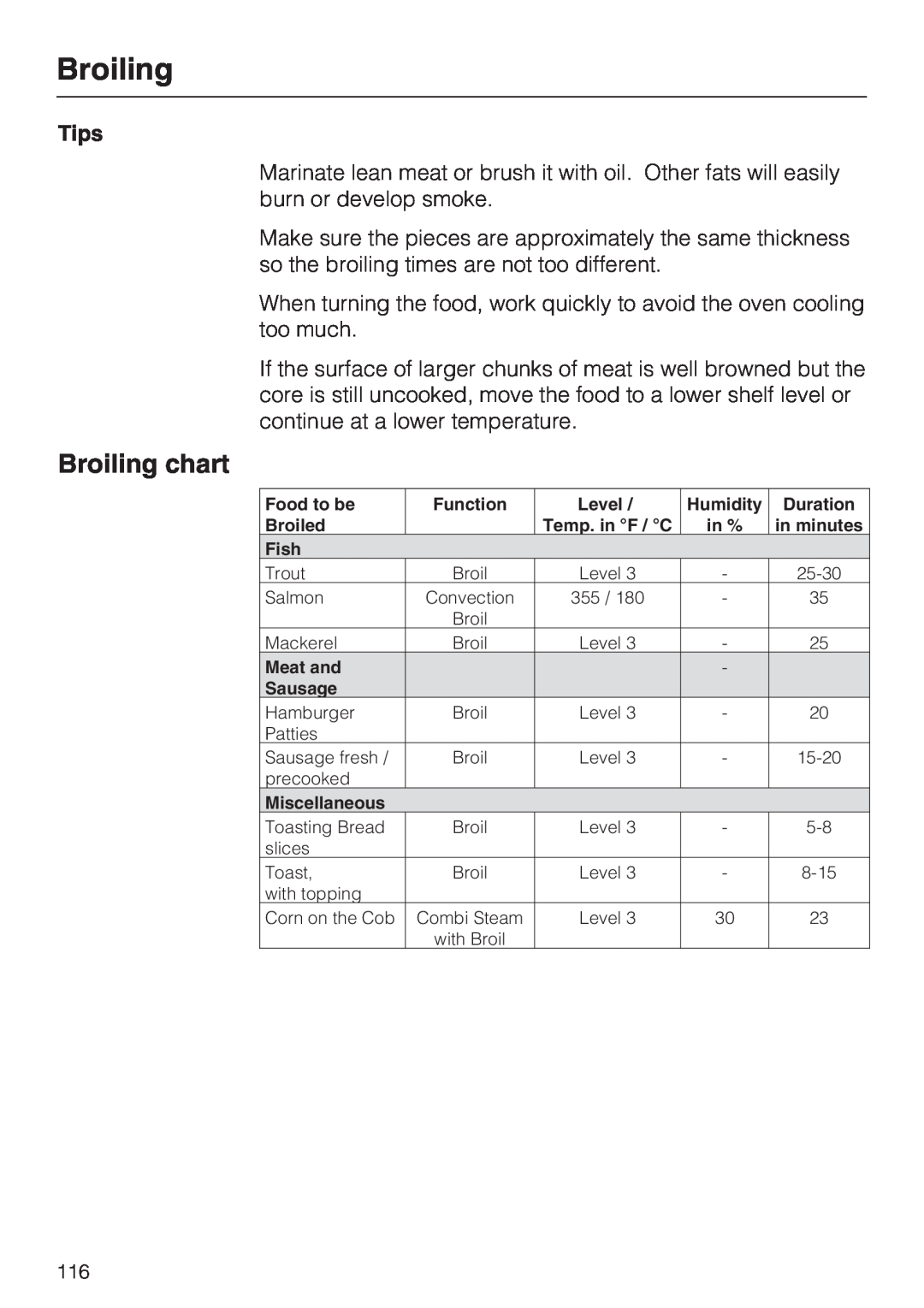 Miele 09 855 050 installation instructions Broiling chart 