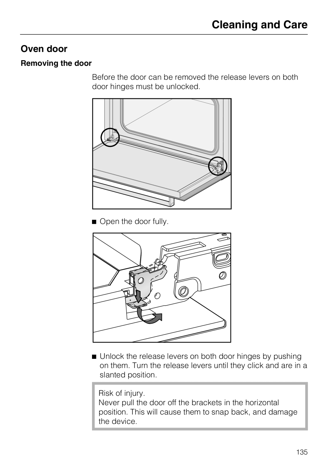 Miele 09 855 050 installation instructions Oven door, Cleaning and Care, Removing the door 