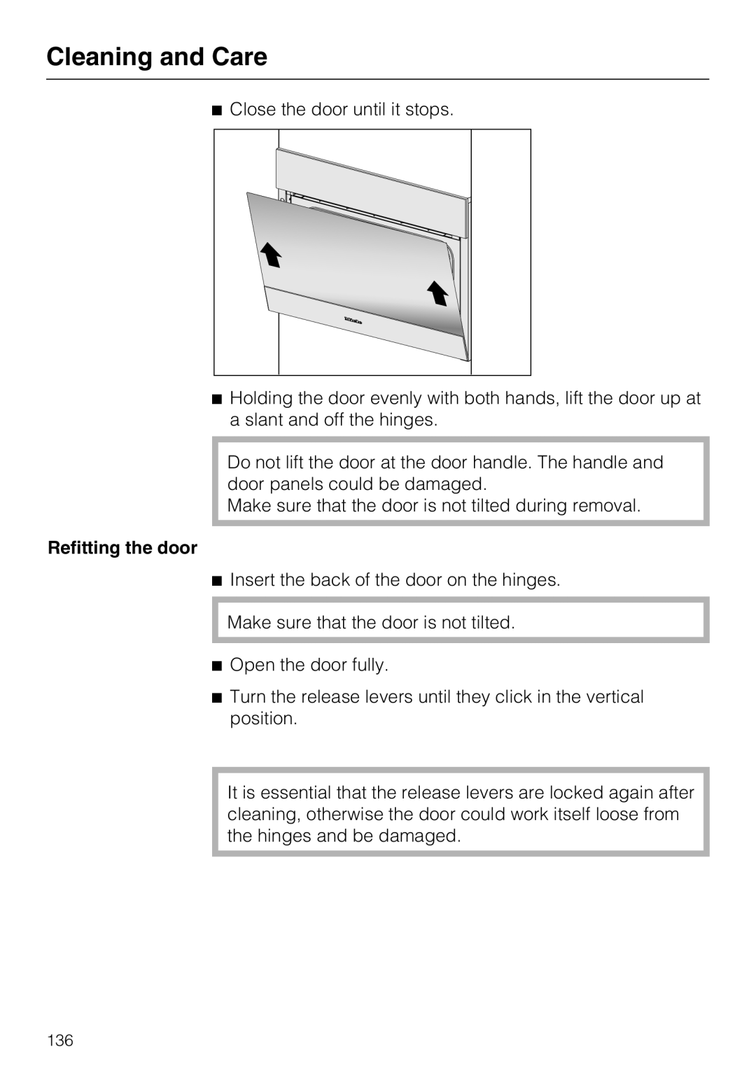 Miele 09 855 050 installation instructions Cleaning and Care, Refitting the door 