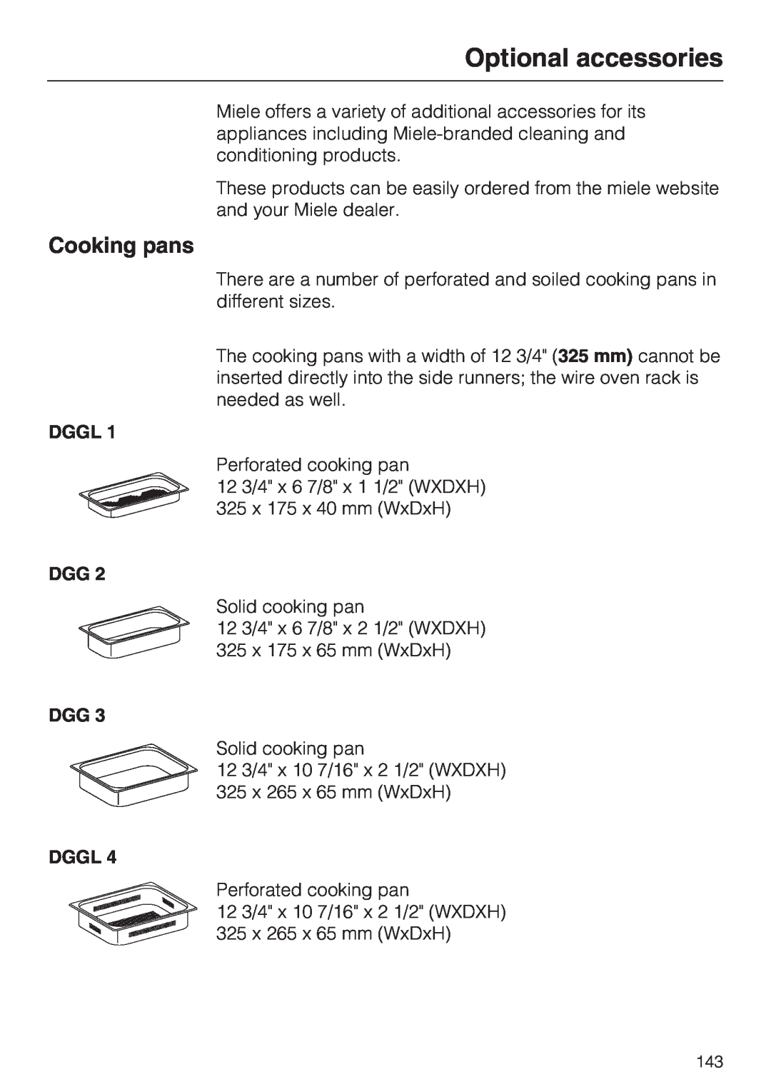 Miele 09 855 050 installation instructions Optional accessories, Cooking pans 