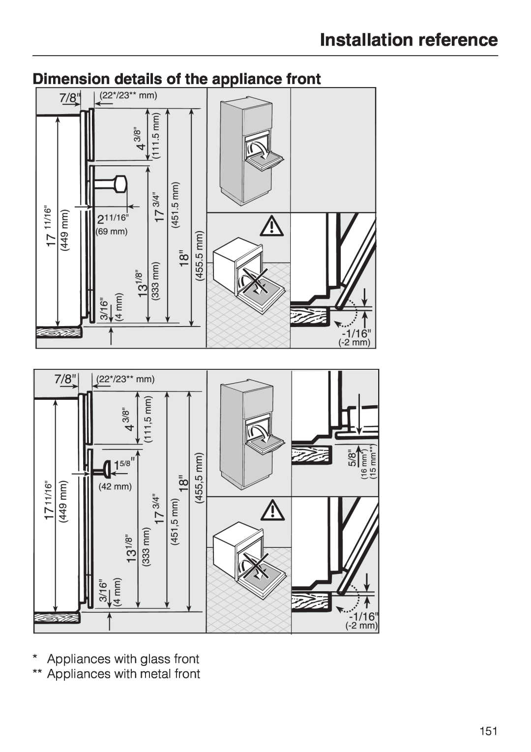 Miele 09 855 050 installation instructions Installation reference, Dimension details of the appliance front 