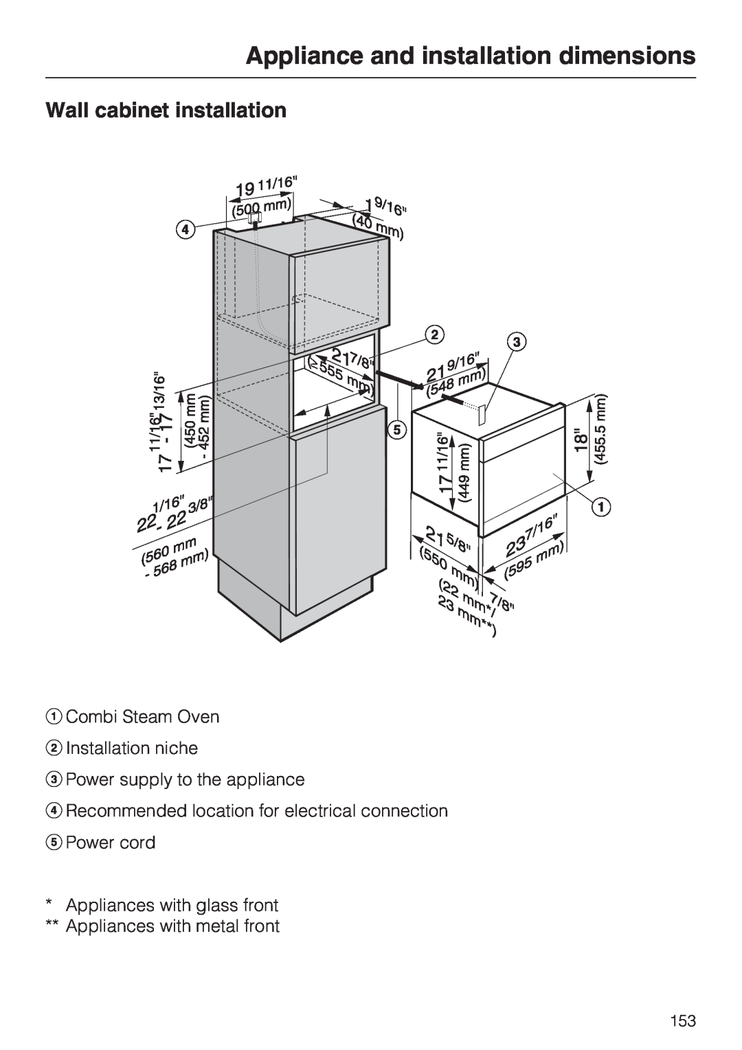 Miele 09 855 050 installation instructions Appliance and installation dimensions, Wall cabinet installation 