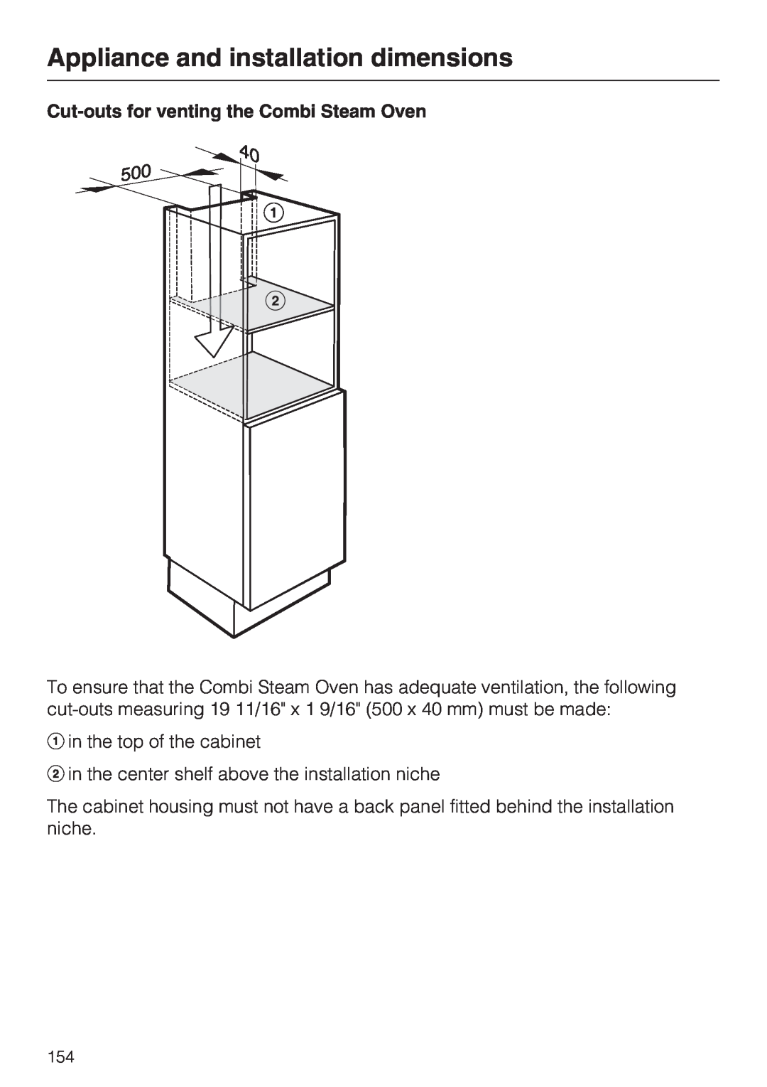 Miele 09 855 050 installation instructions Appliance and installation dimensions, Cut-outsfor venting the Combi Steam Oven 