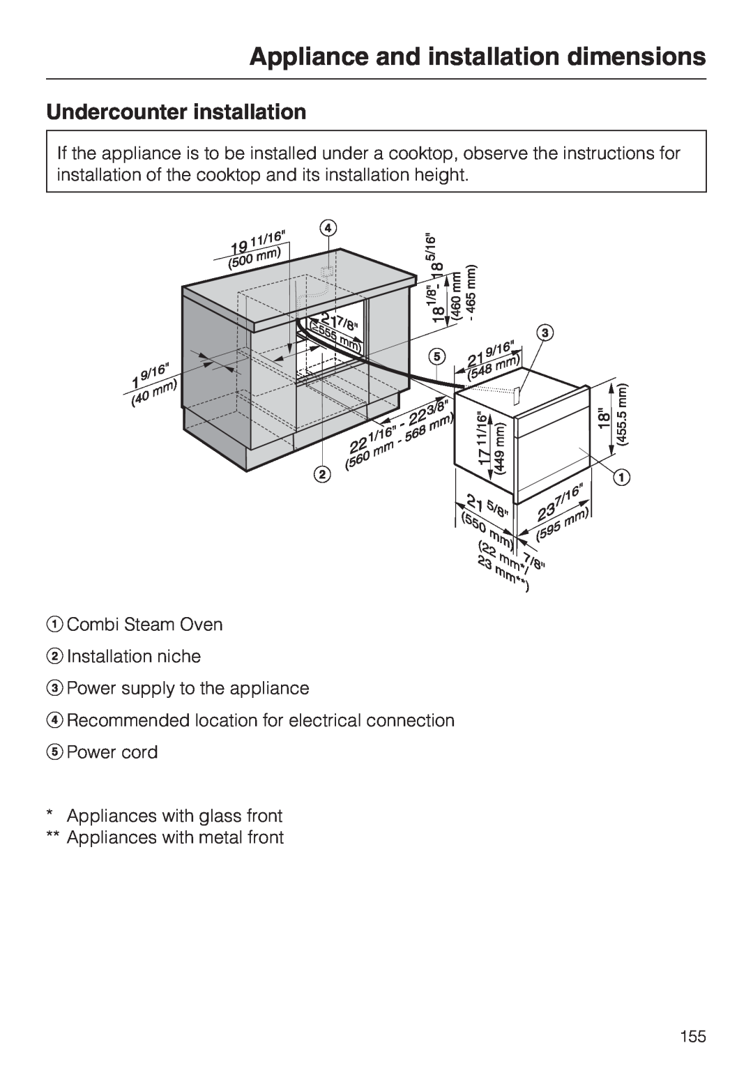 Miele 09 855 050 Undercounter installation, Appliance and installation dimensions, Combi Steam Oven Installation niche 