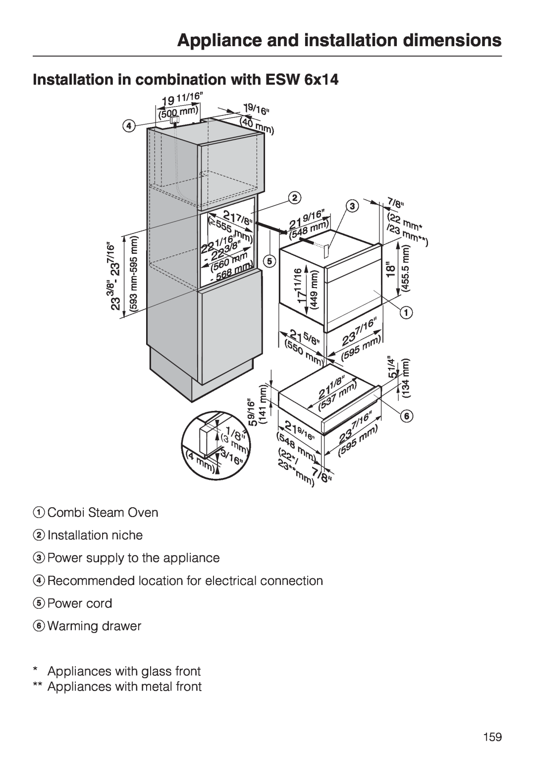 Miele 09 855 050 Installation in combination with ESW, Appliance and installation dimensions, Power cord Warming drawer 