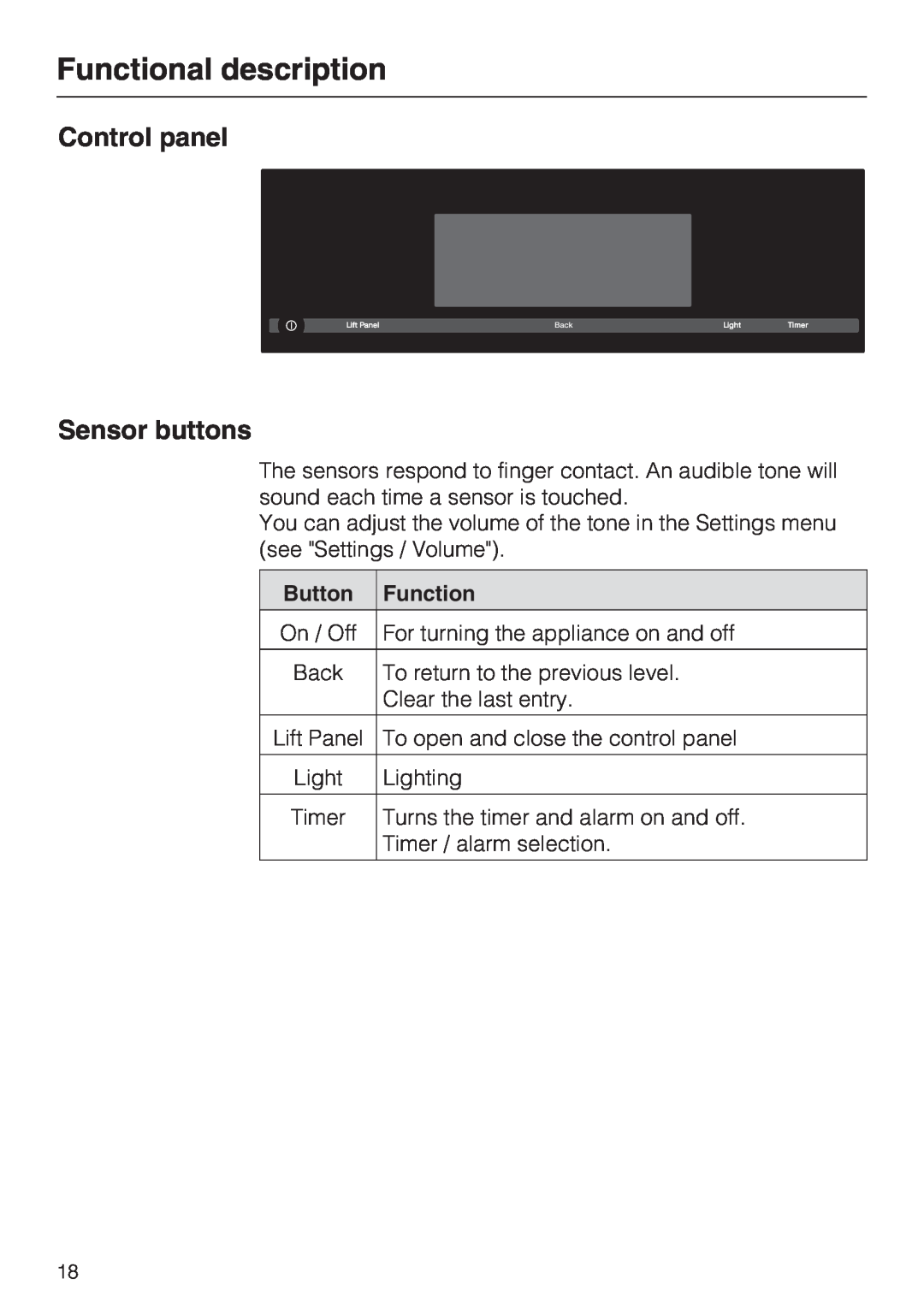 Miele 09 855 050 installation instructions Functional description, Control panel Sensor buttons 