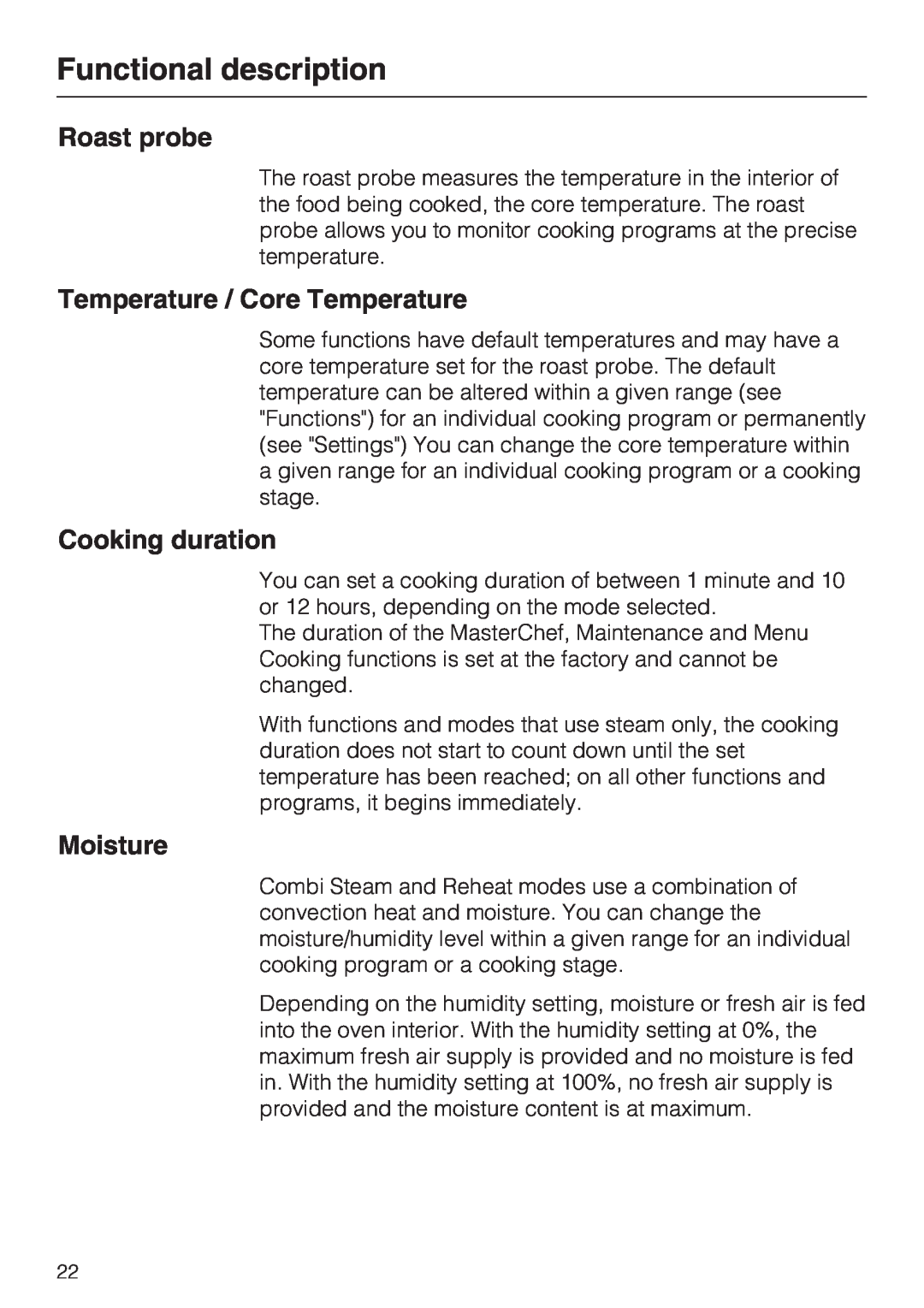 Miele 09 855 050 Roast probe, Temperature / Core Temperature, Cooking duration, Moisture, Functional description 